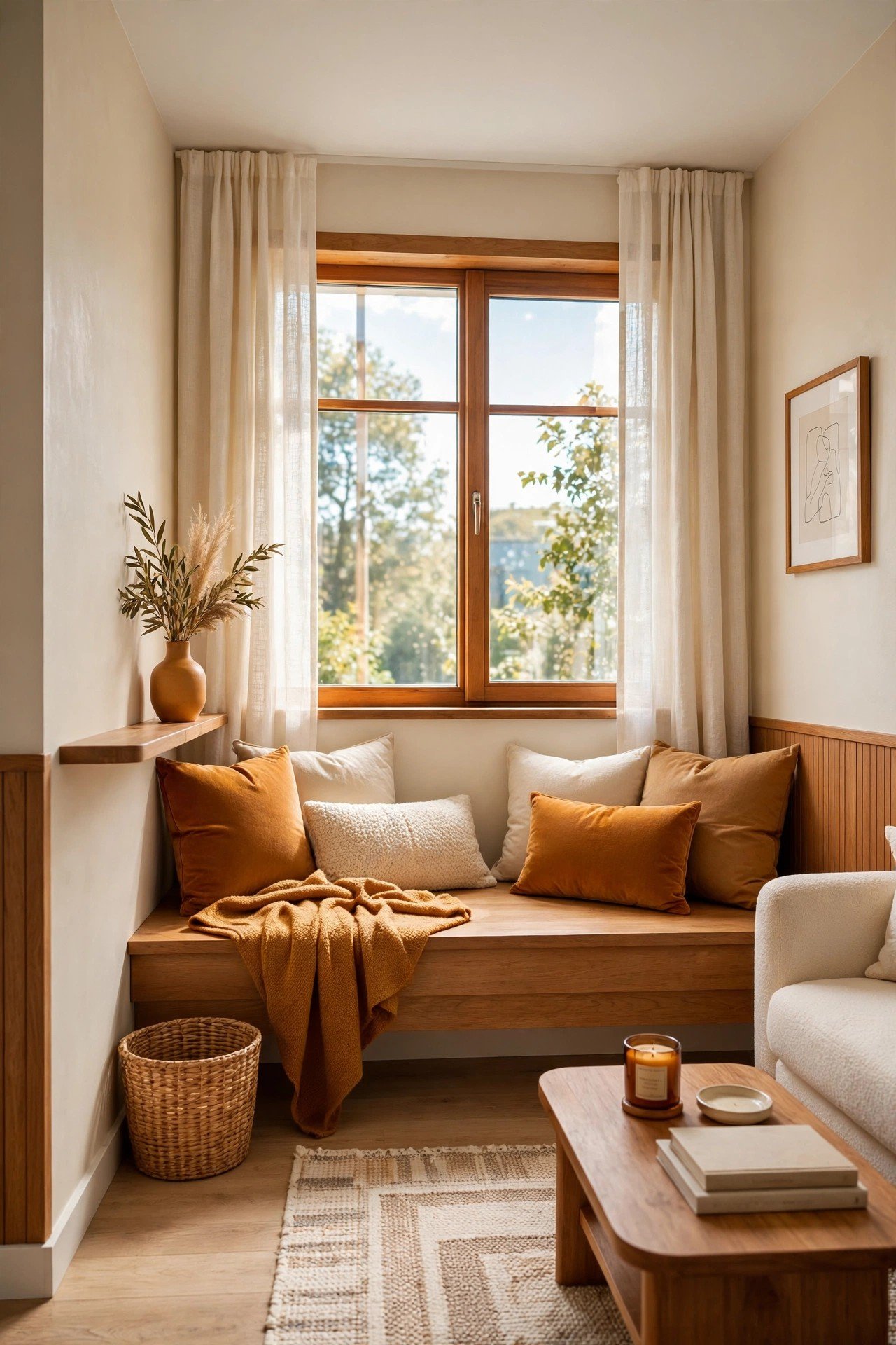Small living room layout ideas with a long low bench under a window styled with cushions for extra seating