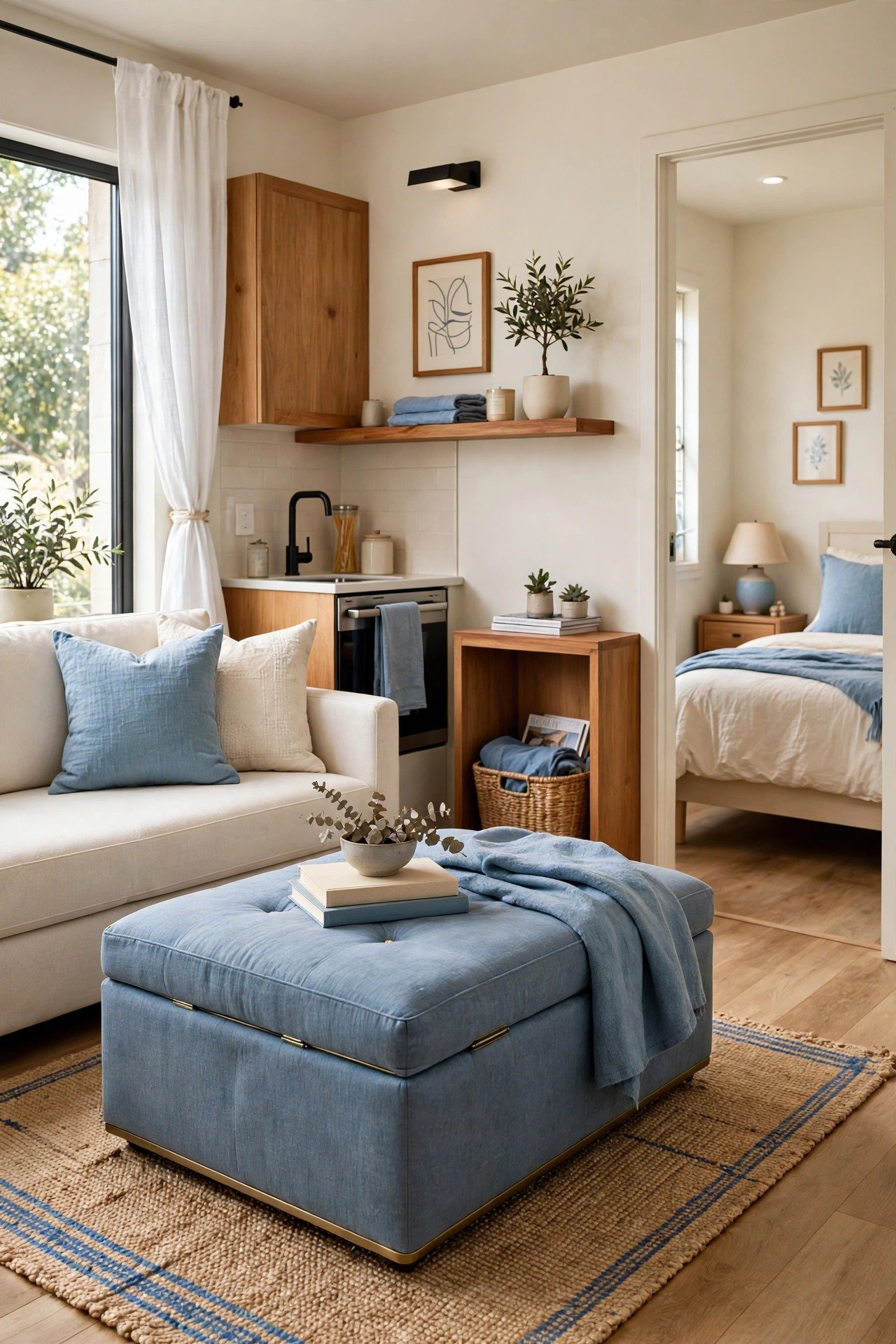 Small one bedroom apartment layout ideas with a large storage ottoman as the centerpiece of a compact living room