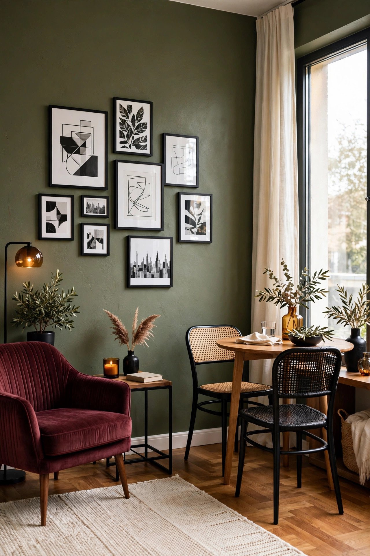 Olive and burgundy small open plan living room with graphic black decor details and an artistic wall arrangement