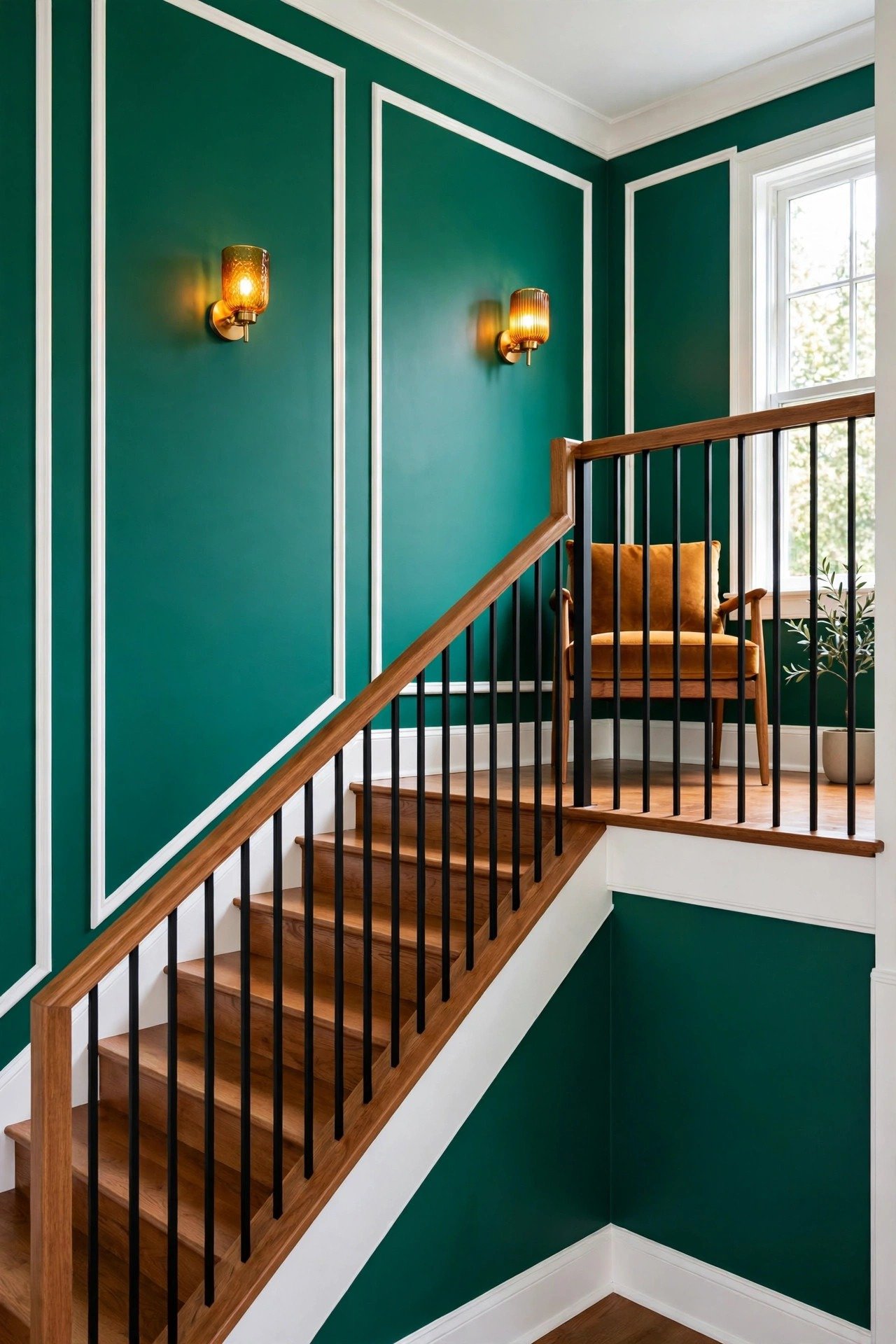 Staircase wall painted in a bold emerald green accent color