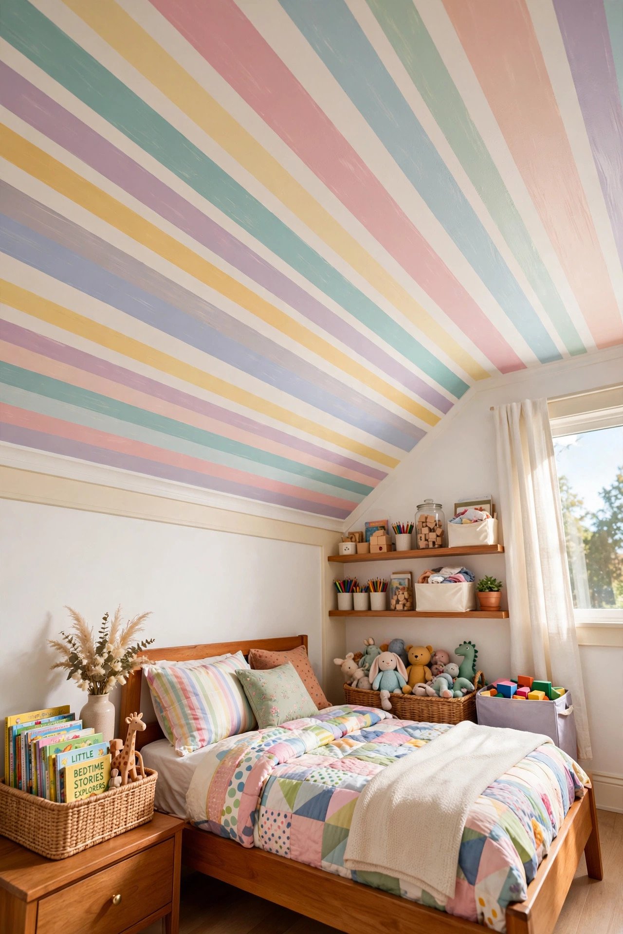 Playful multicolor striped ceiling in a small kids bedroom with white walls