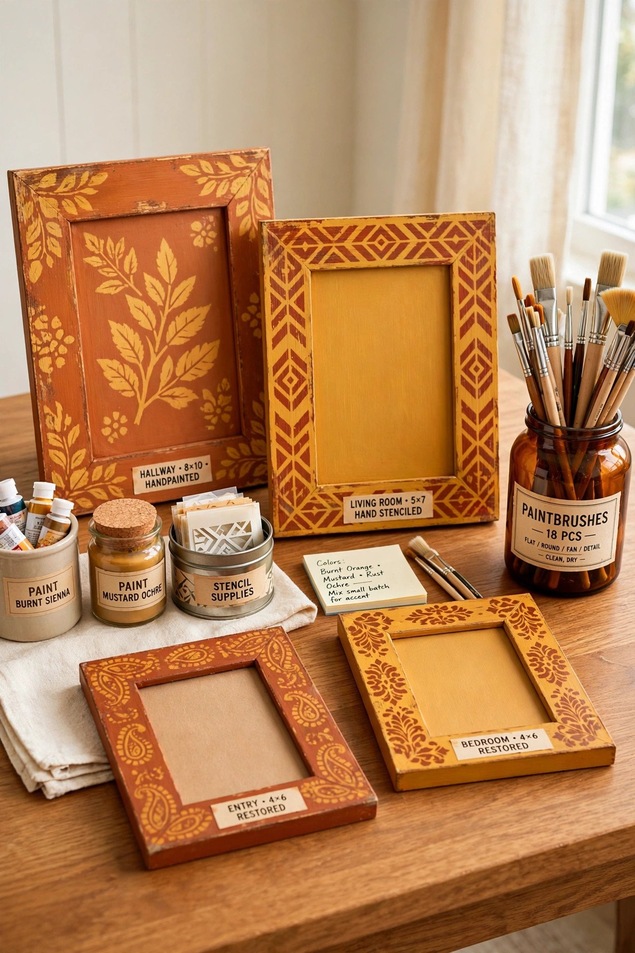 Personalized thrifted picture frames painted and stenciled by hand on a desk in amber tones