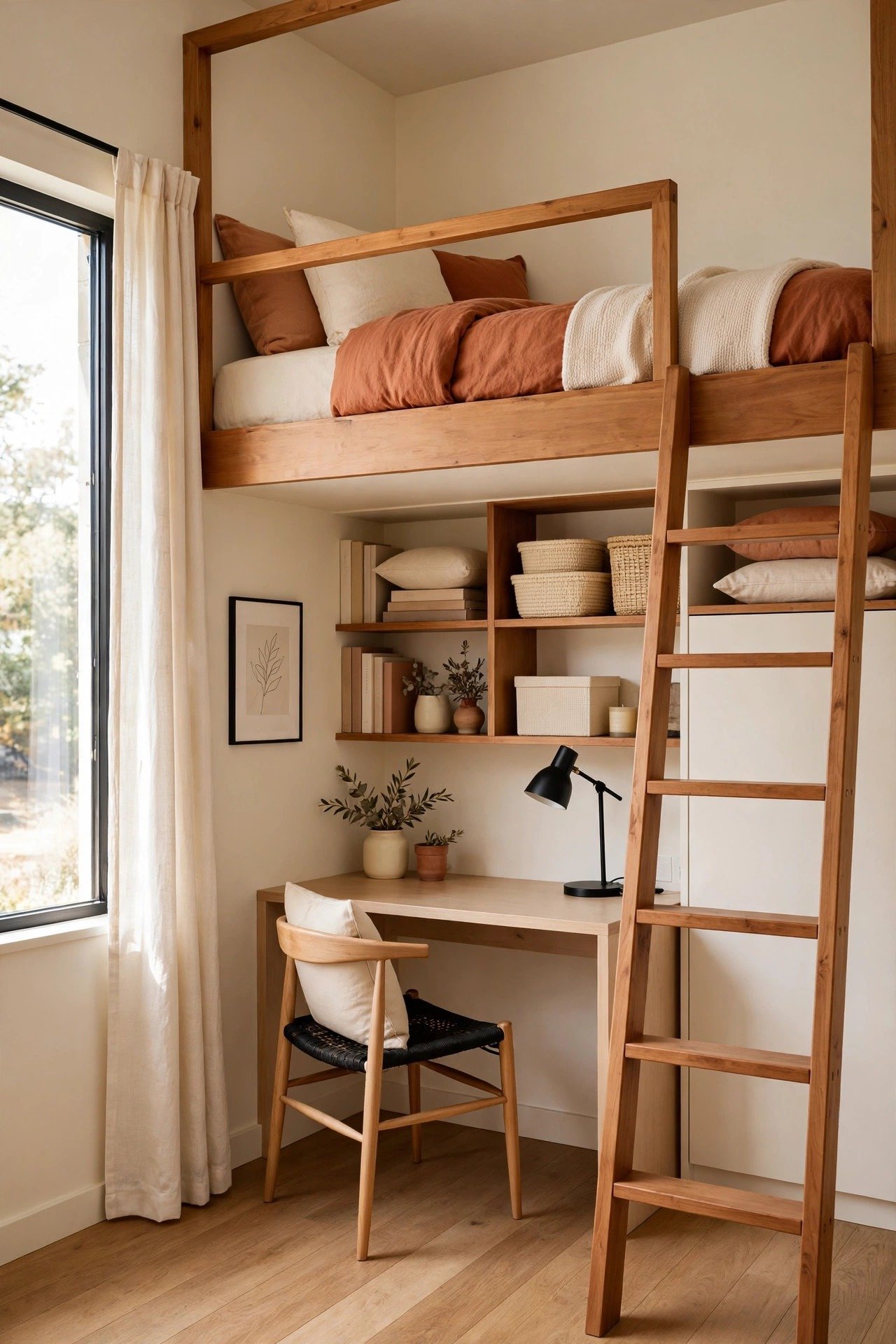 Tiny studio apartment layout idea with a loft bed above a small desk area in terracotta and cream tones