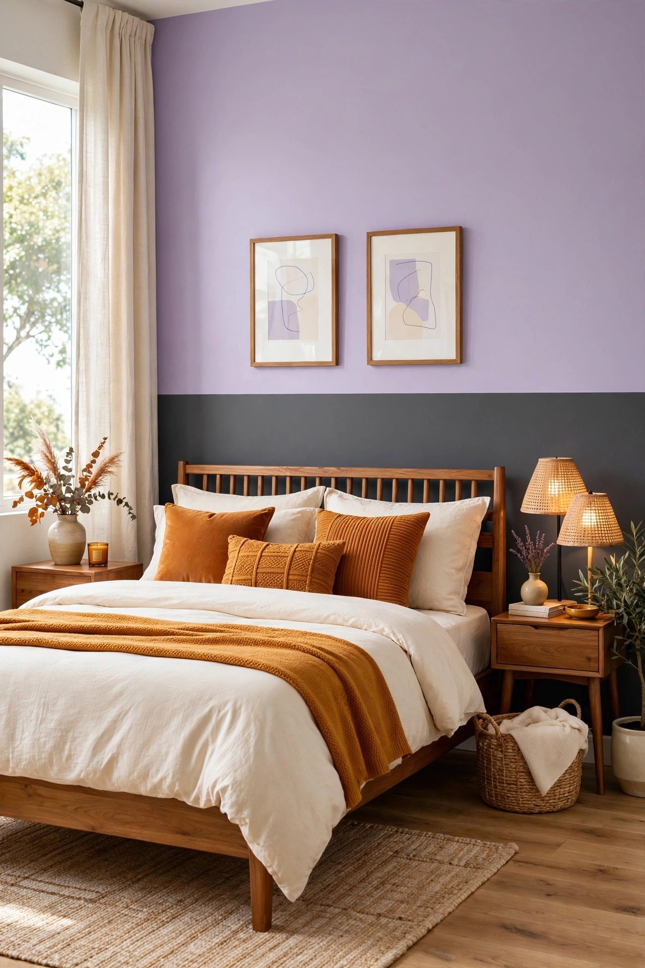 Charcoal gray and lavender two tone wall paint ideas with dark gray and soft purple split on a creative bedroom wall