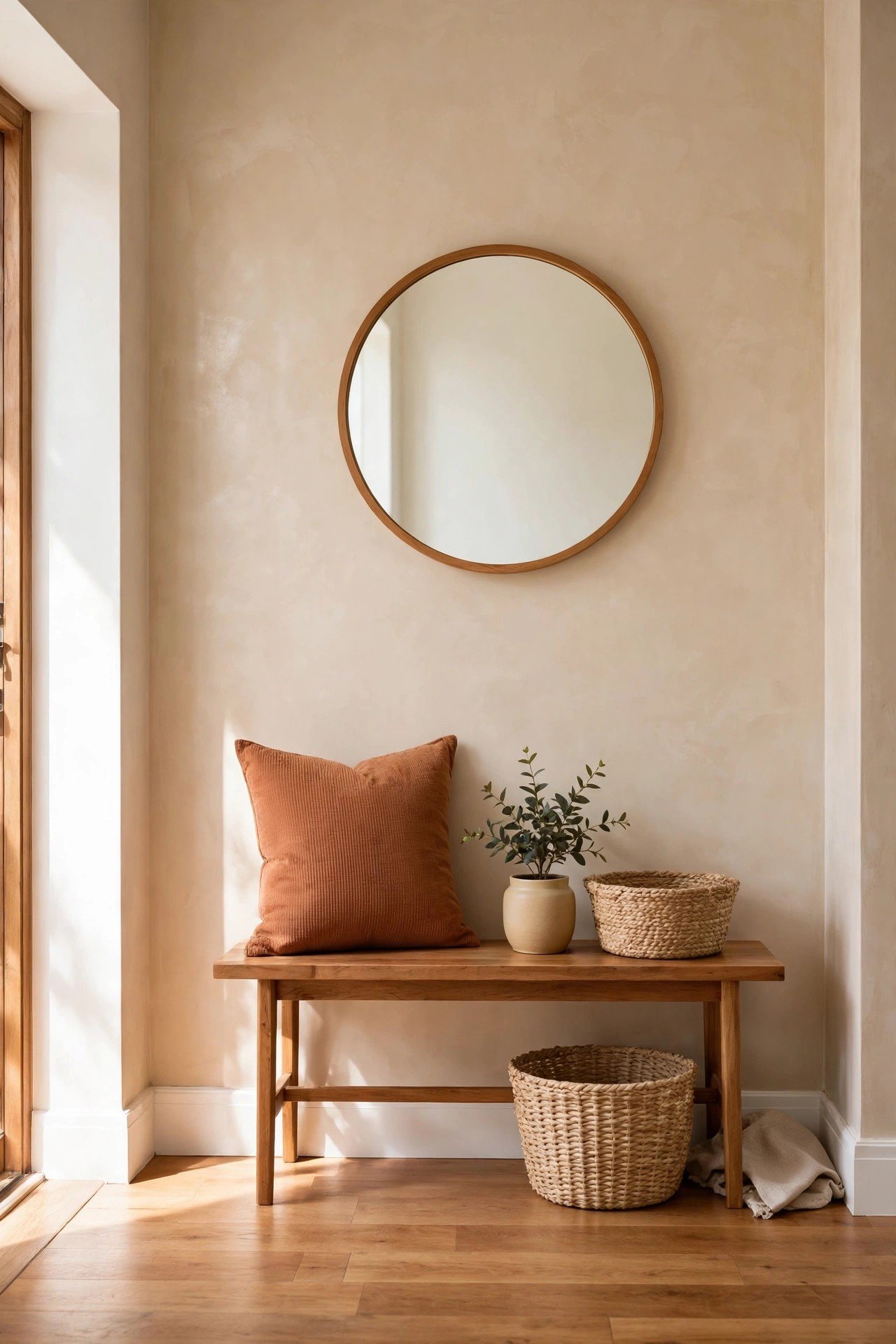 Warm beige Venetian plaster wall in an entryway with bench and mirror