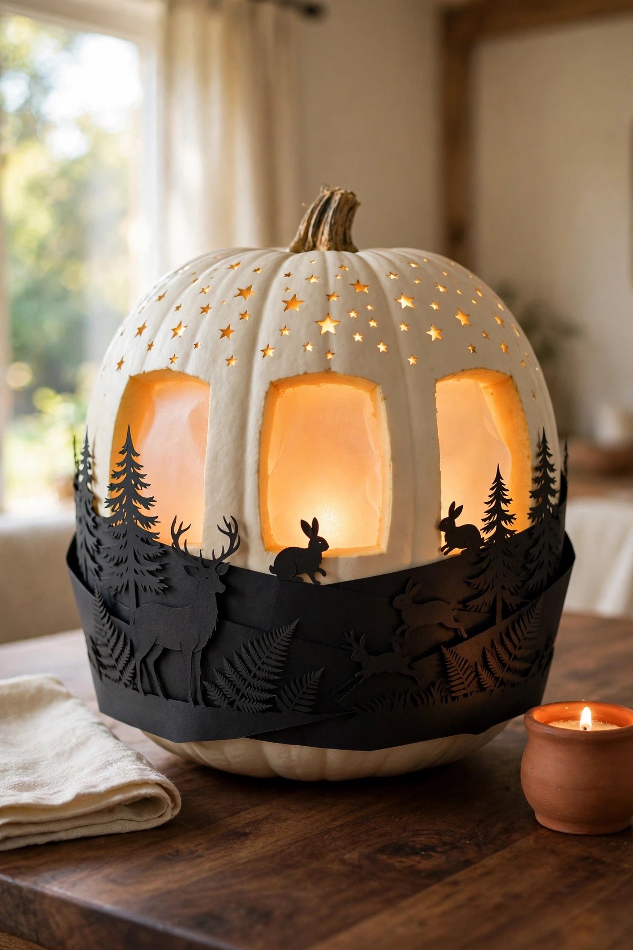 White pumpkin lantern with paper-cut woodland animal silhouettes glowing warmly