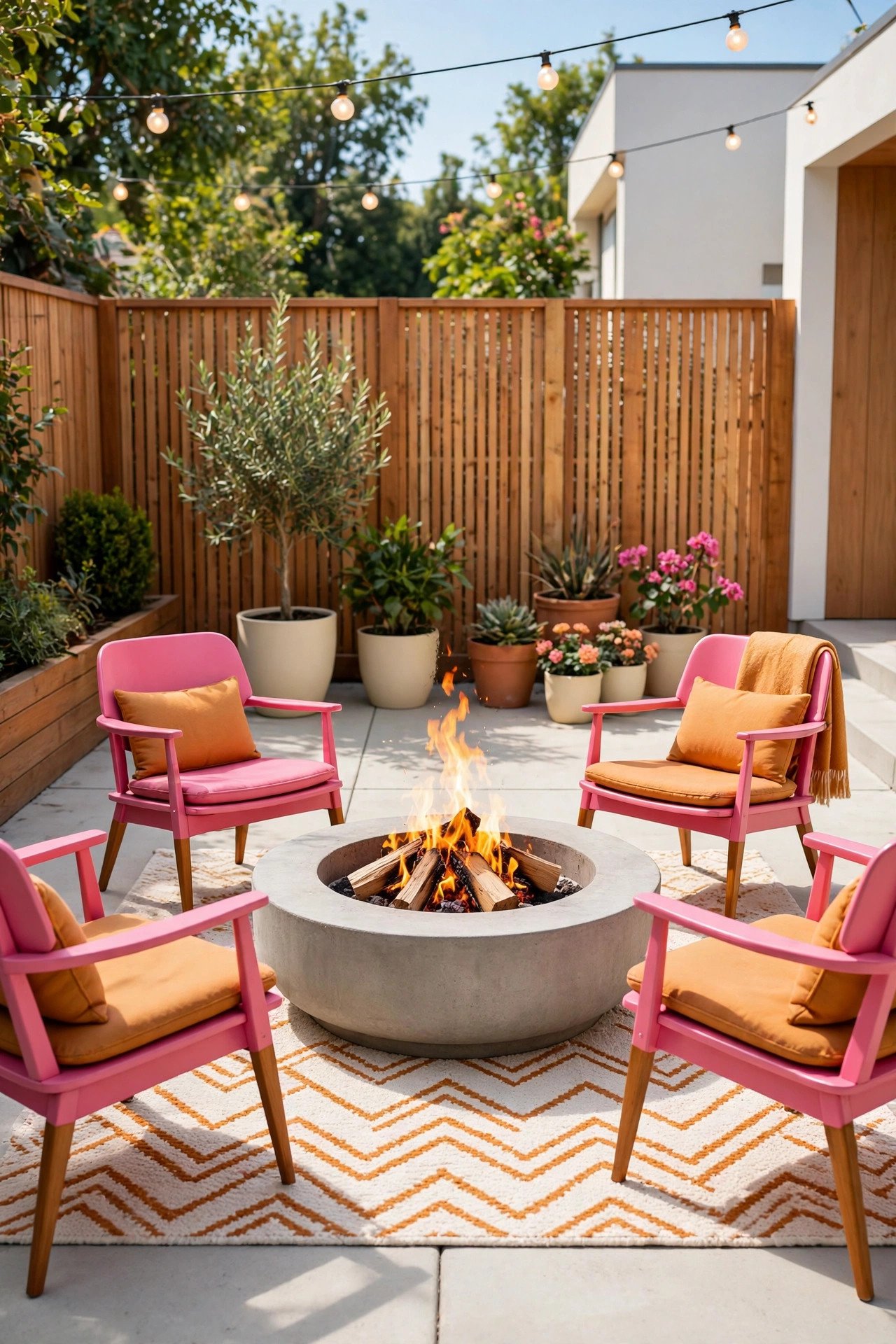 Playful pink chairs around a concrete fire pit with amber cushions