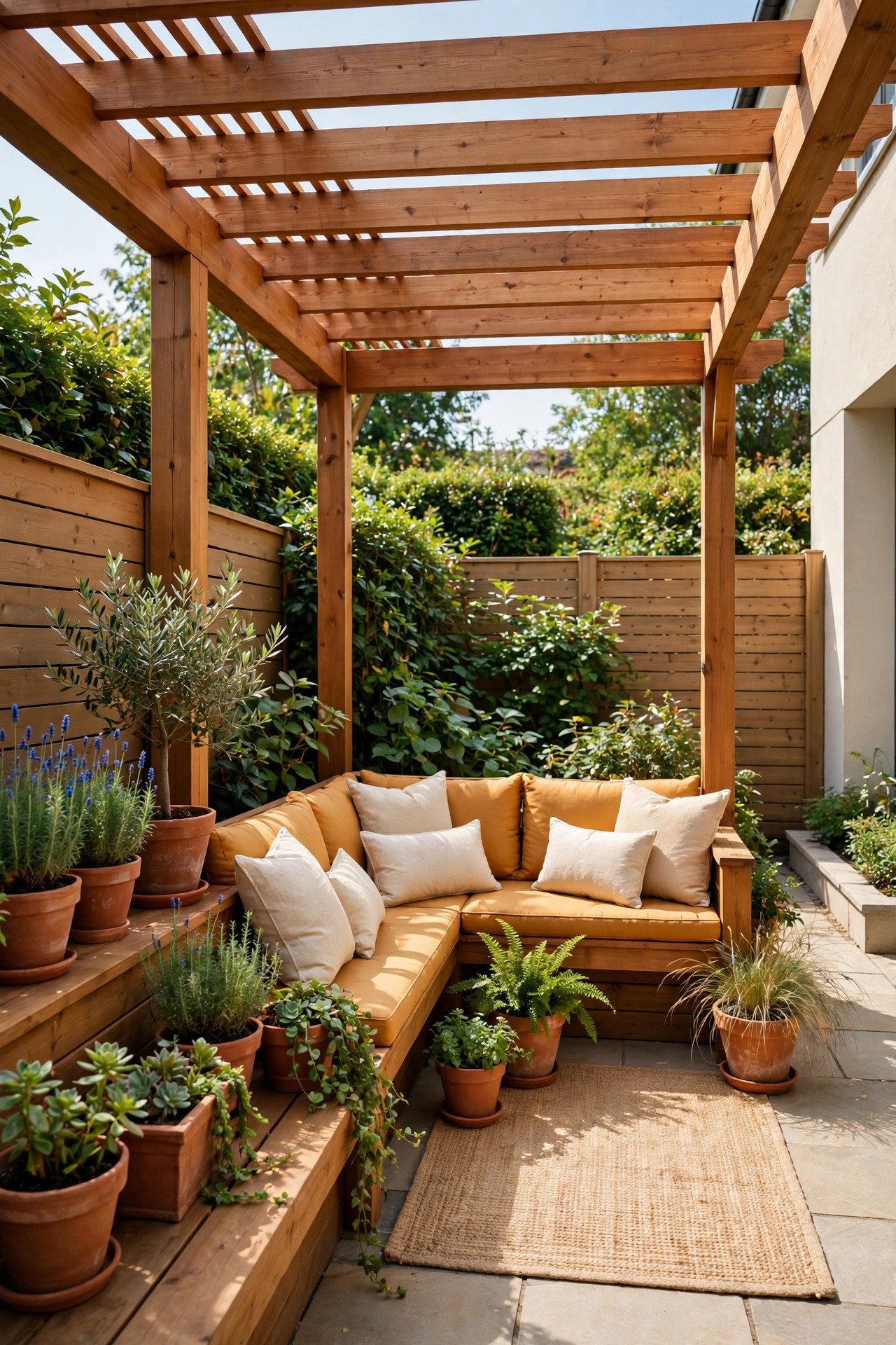 L-shaped corner pergola with built-in bench seating