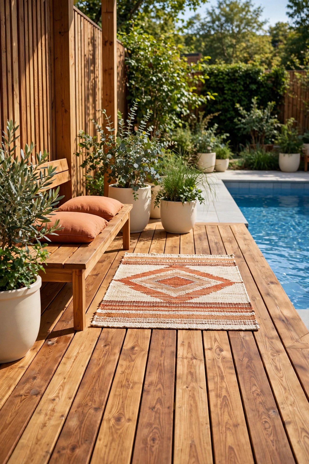 Timber pool deck with natural wood finish and plants
