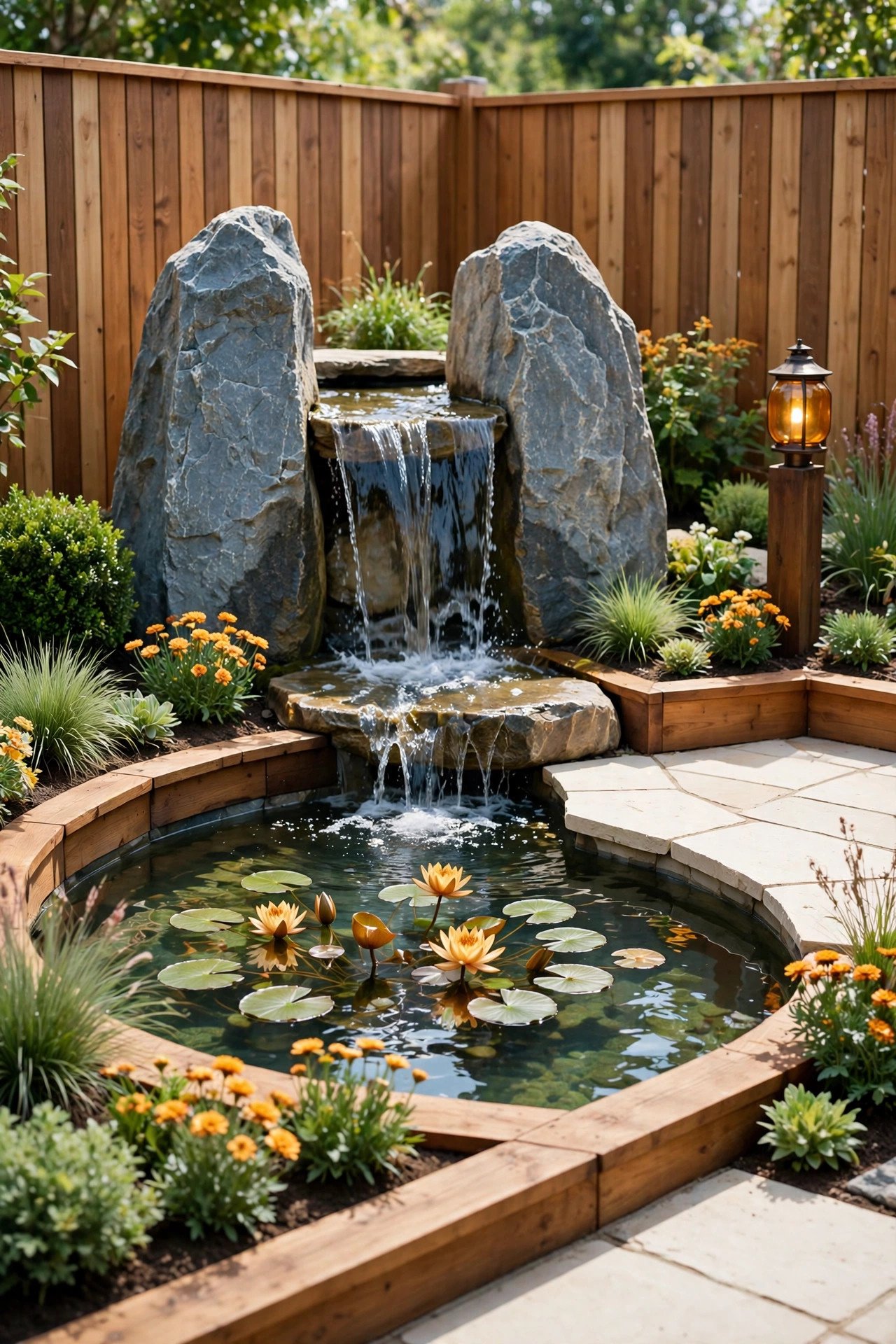 Corner pond waterfall with flagstone patio