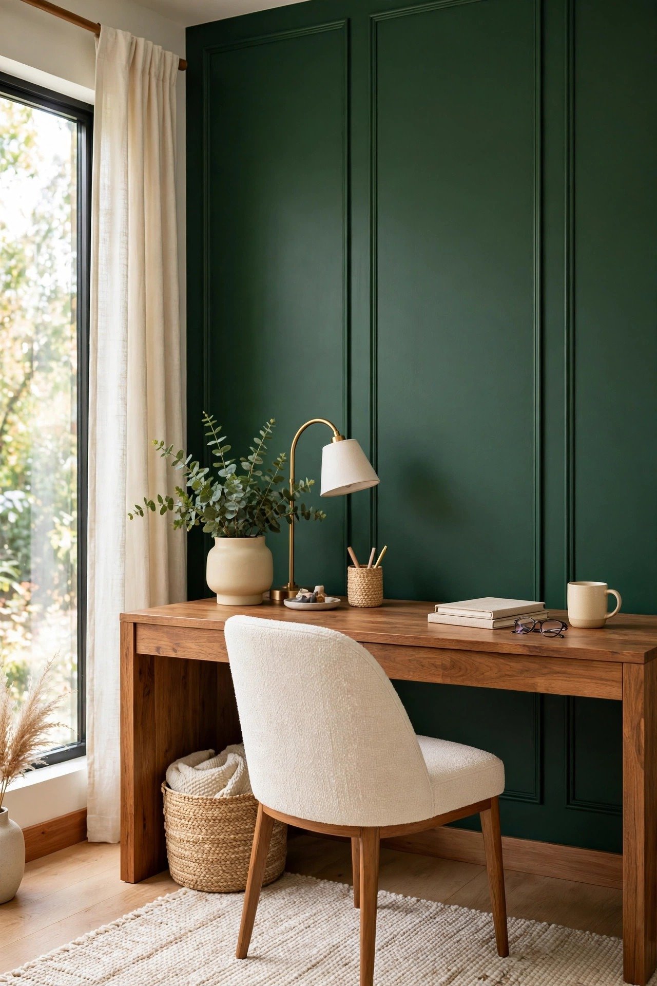 Home office with deep green board and batten accent wall behind a wood desk