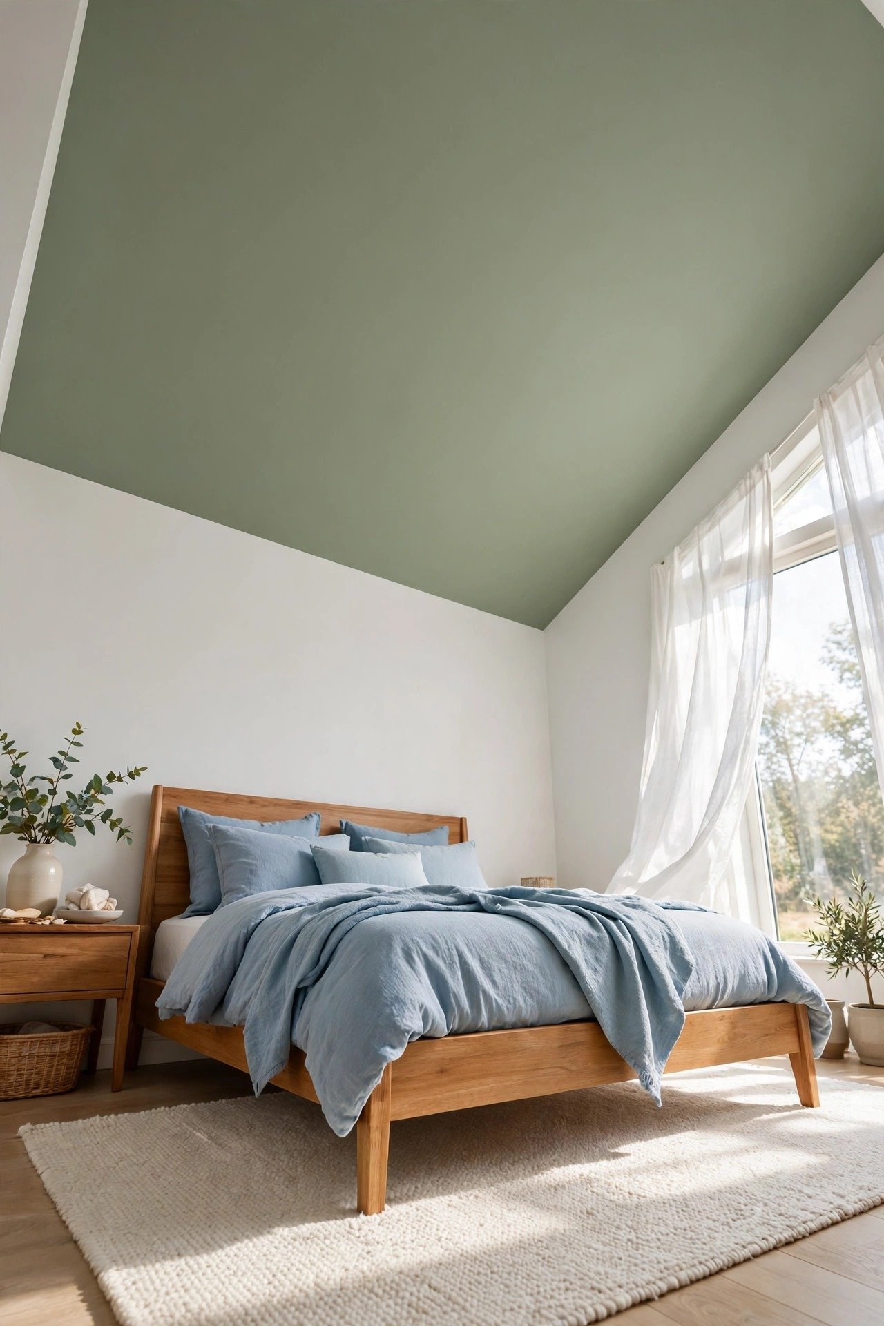 Bedroom with a soft sage green painted accent ceiling above white walls, adding color without any construction