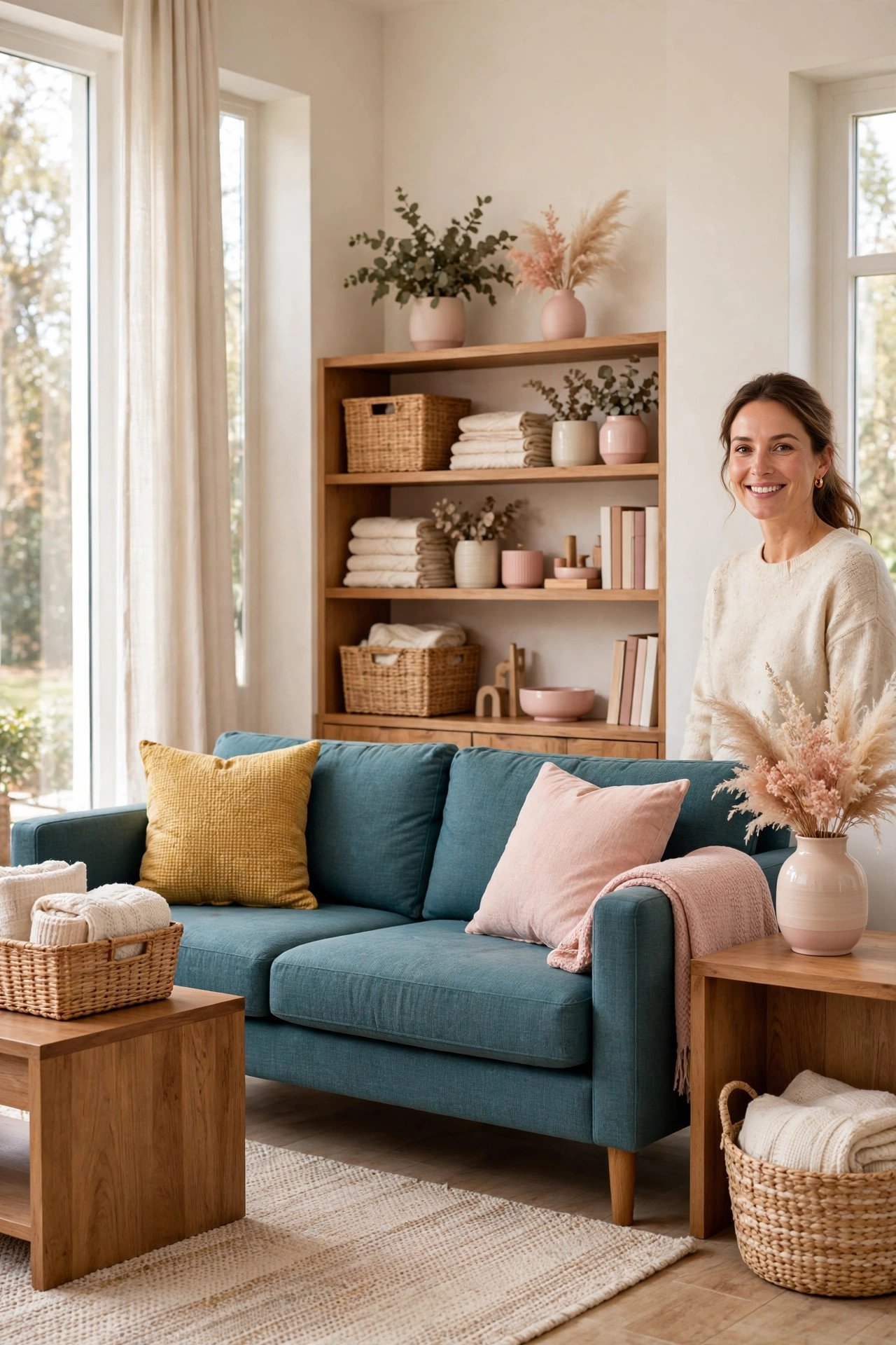 Living room with teal sofa, mustard and blush cushions
