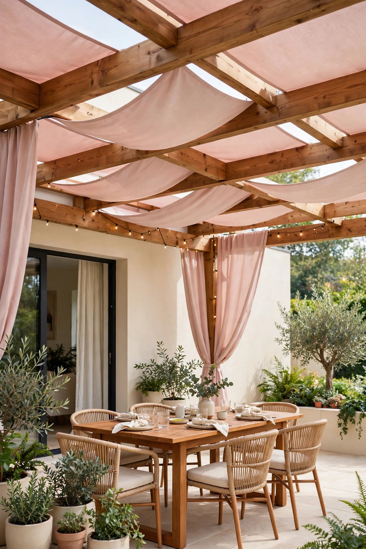 Covered patio with white lattice shade cover and flowers