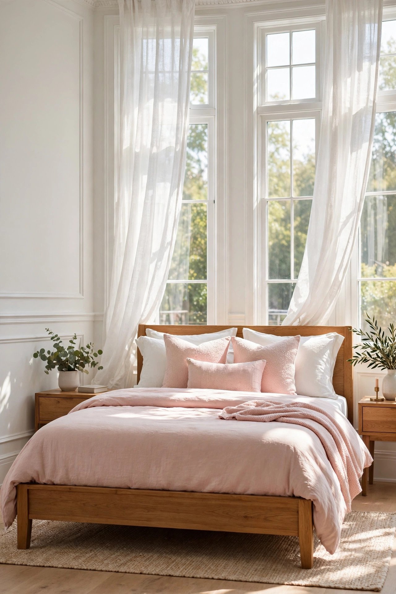 Airy white bedroom with classic wall trim, sheer curtains, and sunlight streaming through tall windows