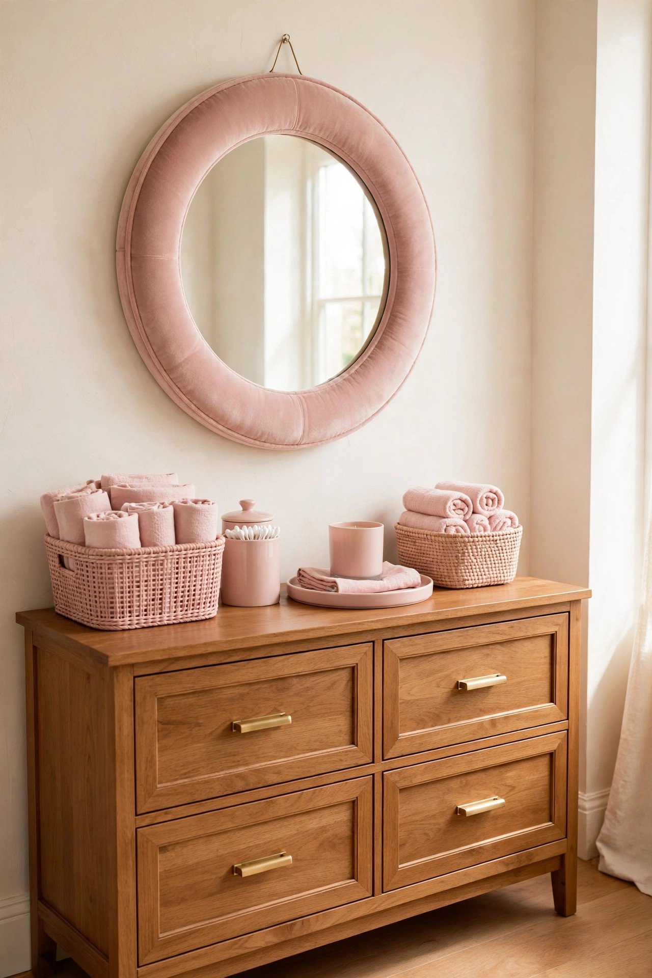 Mirror with a plush blush velvet covered frame