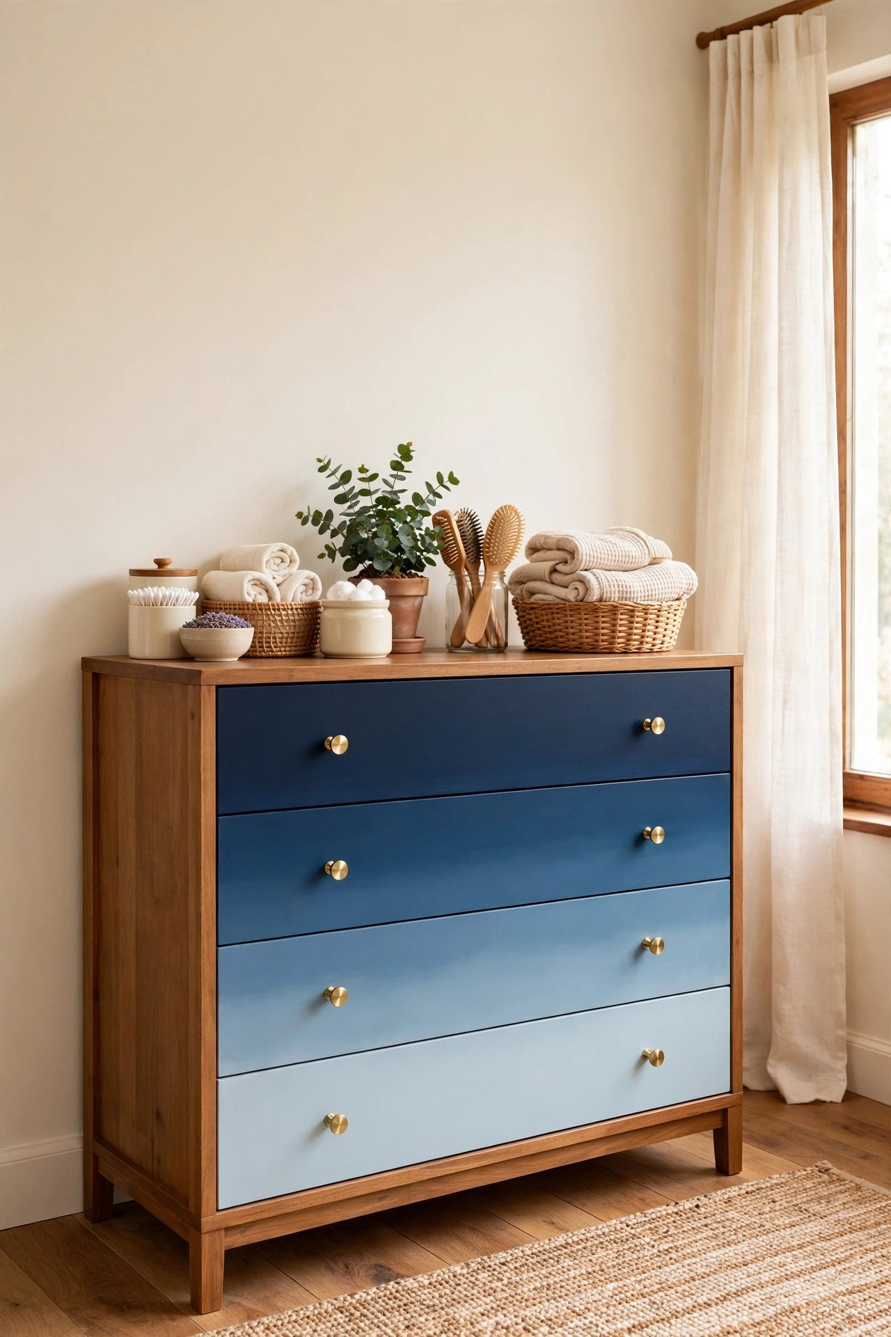 Dresser with an ombre paint effect fading from deep blue to pale blue across the drawers