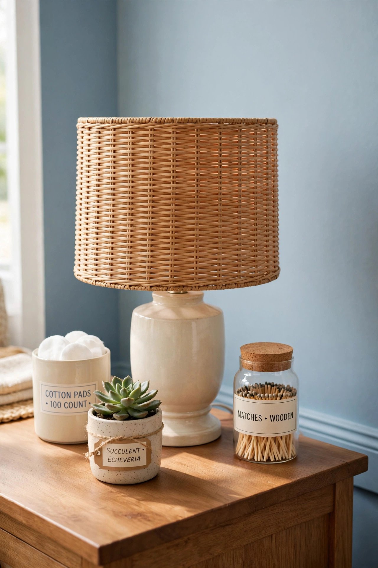 Basket weave lampshade hack with rattan strips woven across a plain drum shade in soft blue tones
