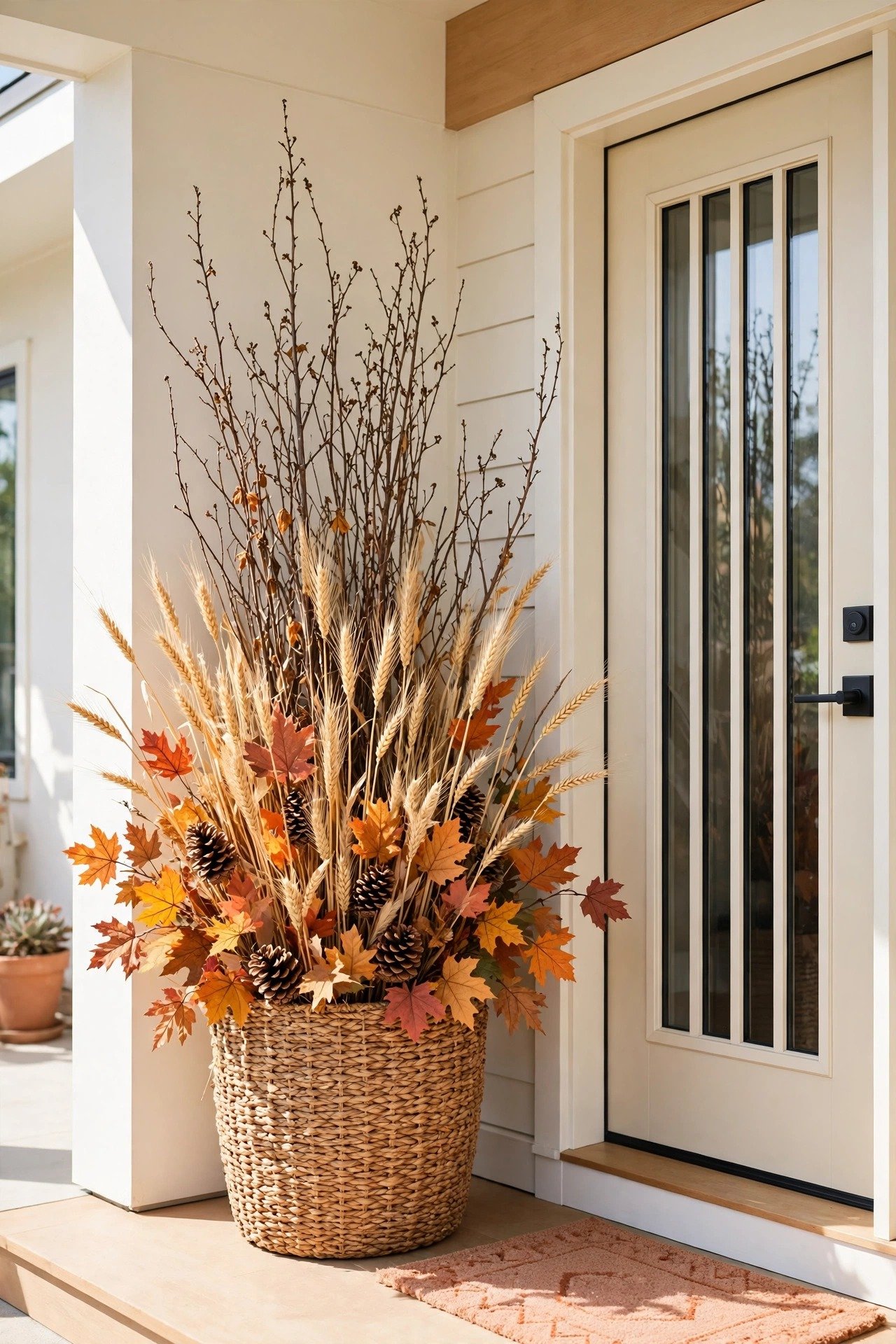A large woven basket filled with dried branches, wheat stalks, and colorful fall leaves on a porch