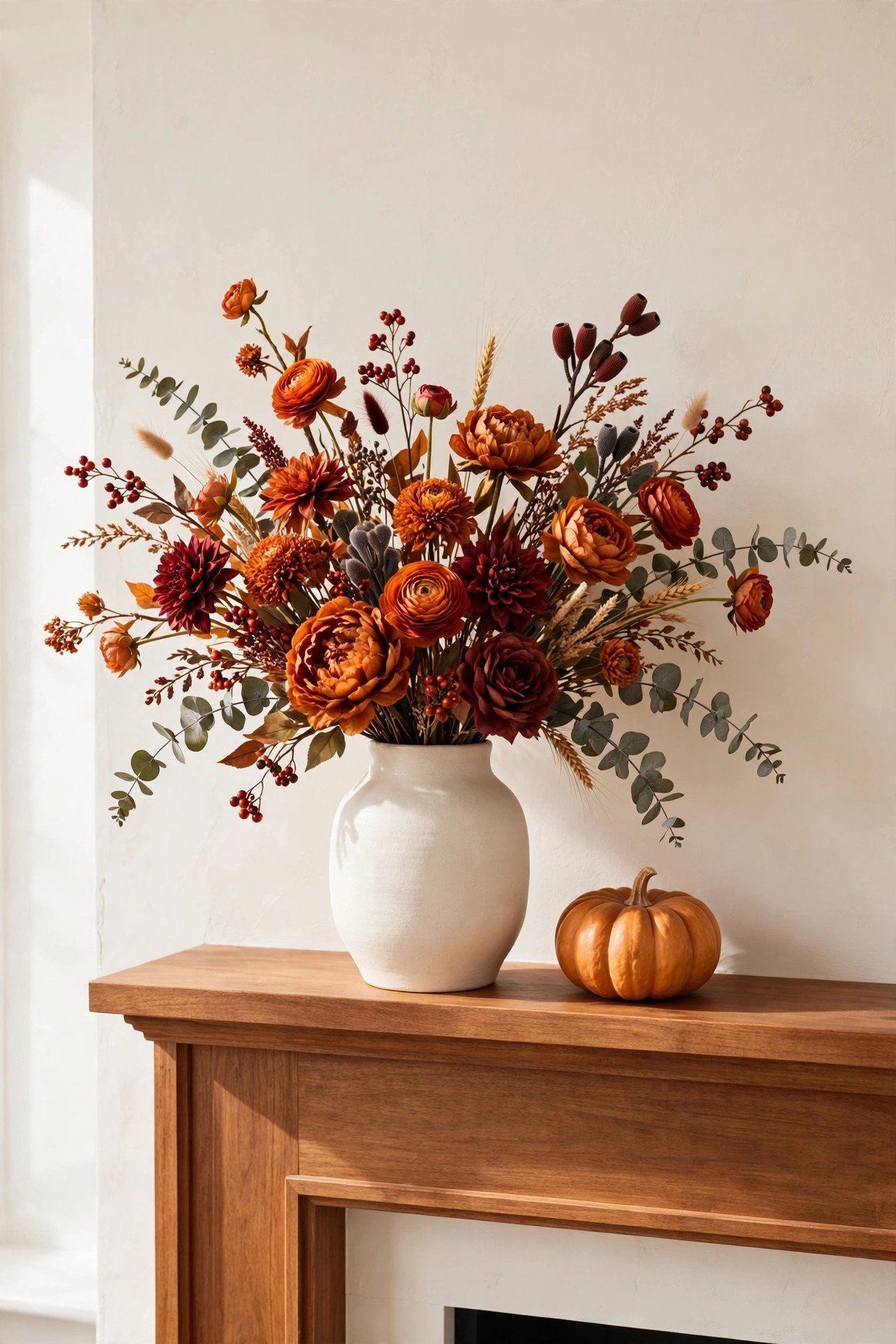 Vase of deep orange, rust and burgundy faux autumn florals with berry sprigs on a styled fall mantel
