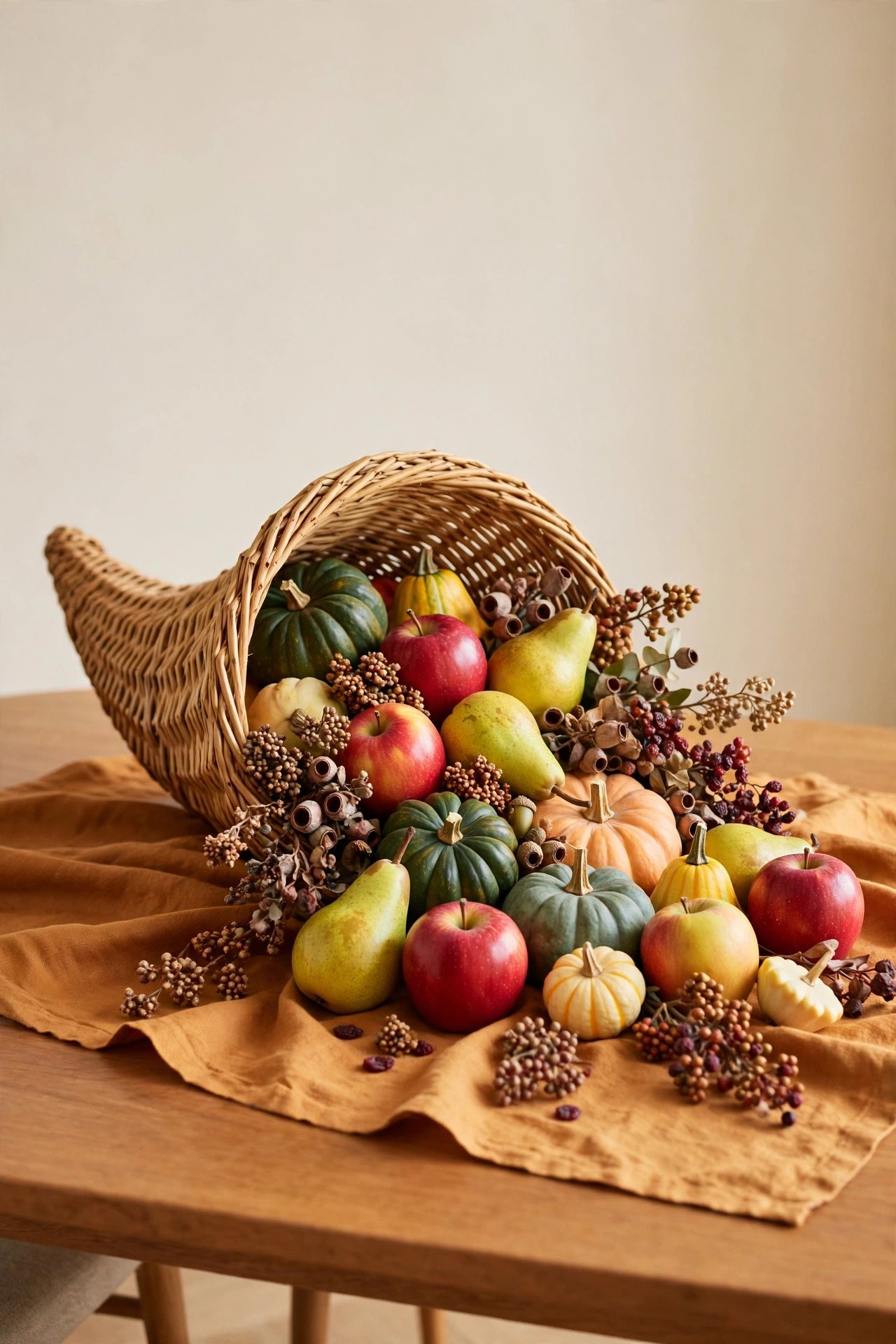 A woven cornucopia overflowing with apples, pears, and gourds