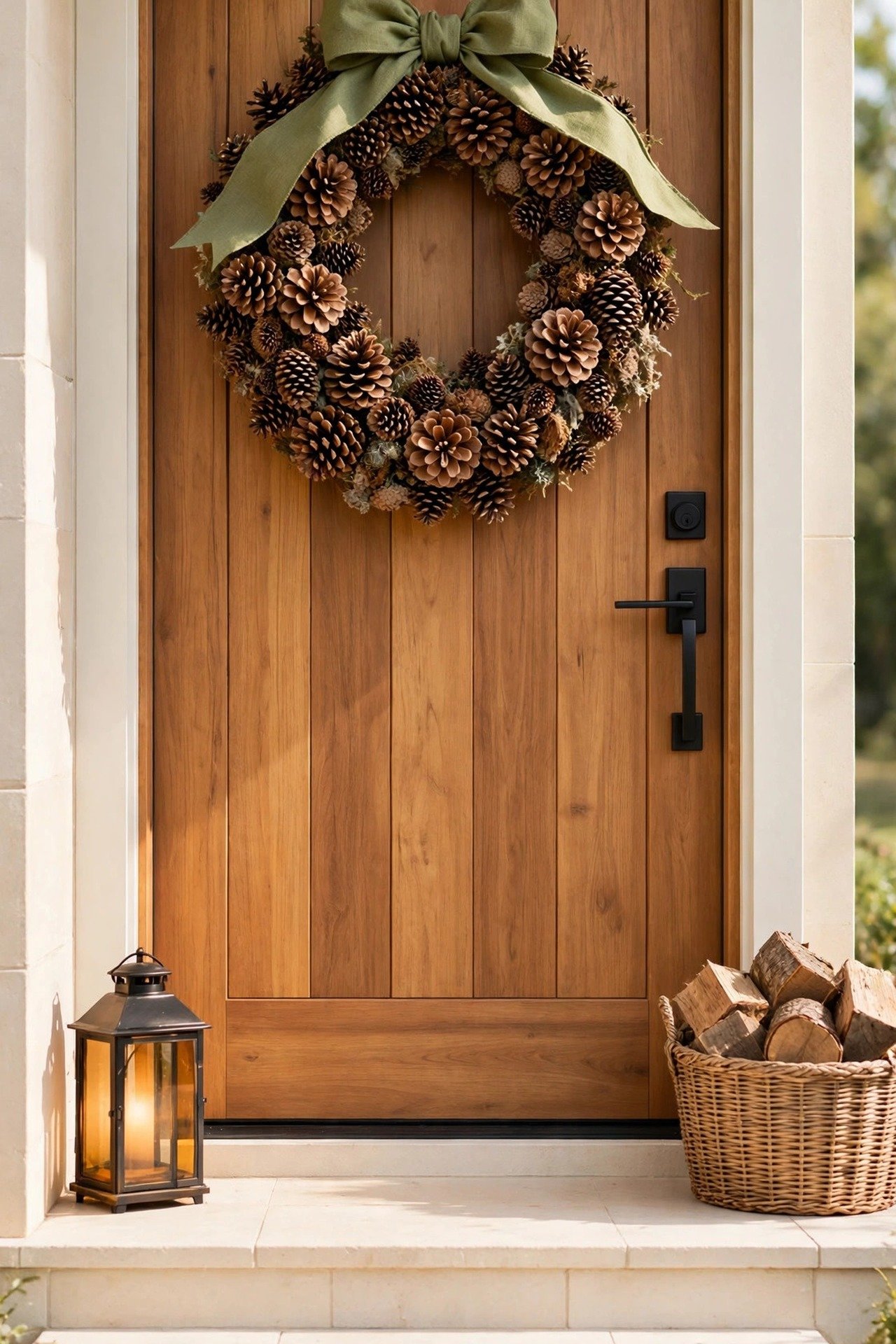 Full textured wreath of natural pinecones with a broad moss green fabric bow on a wooden front door