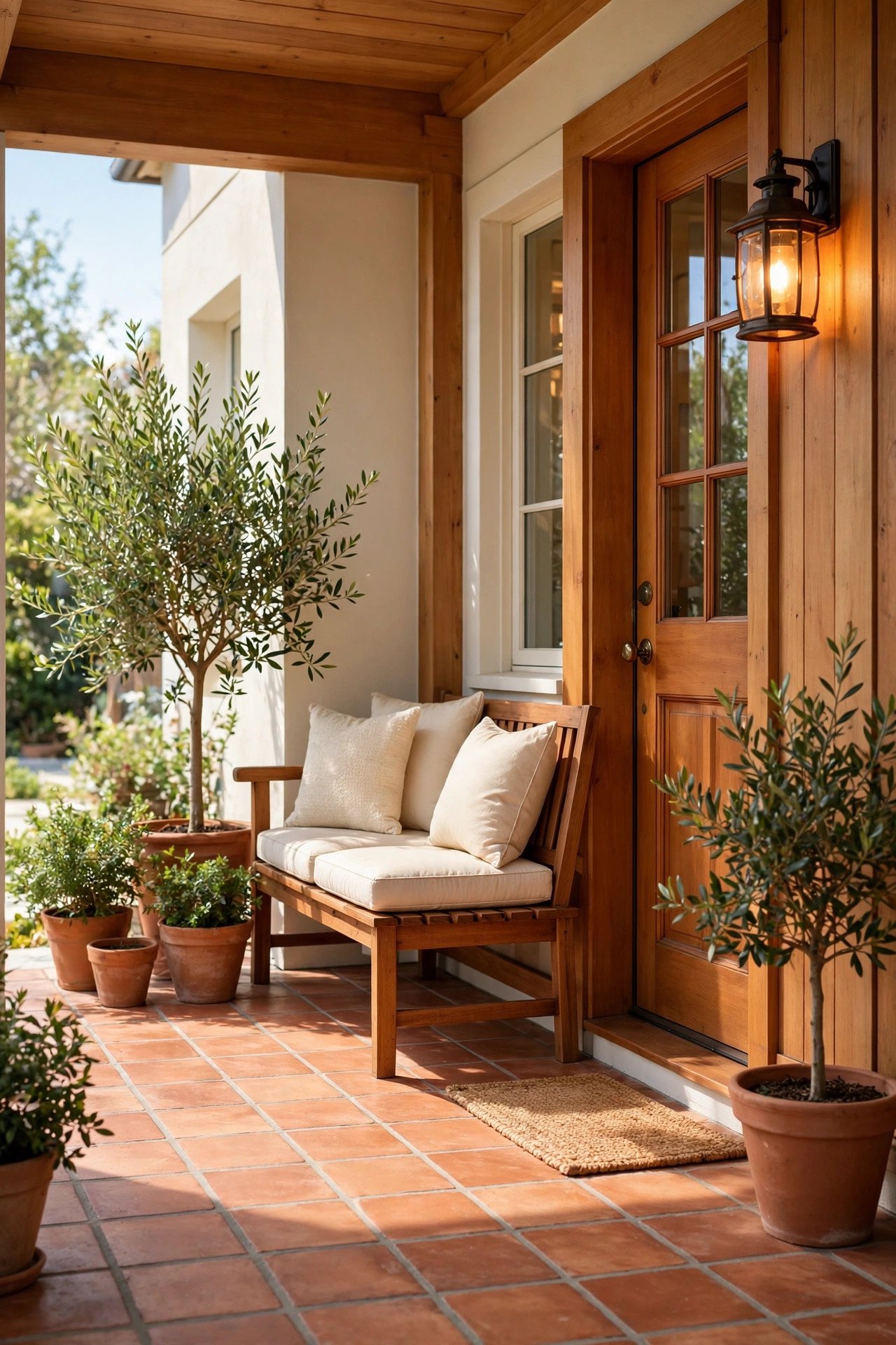 Terracotta tile porch floor with warm amber lantern light
