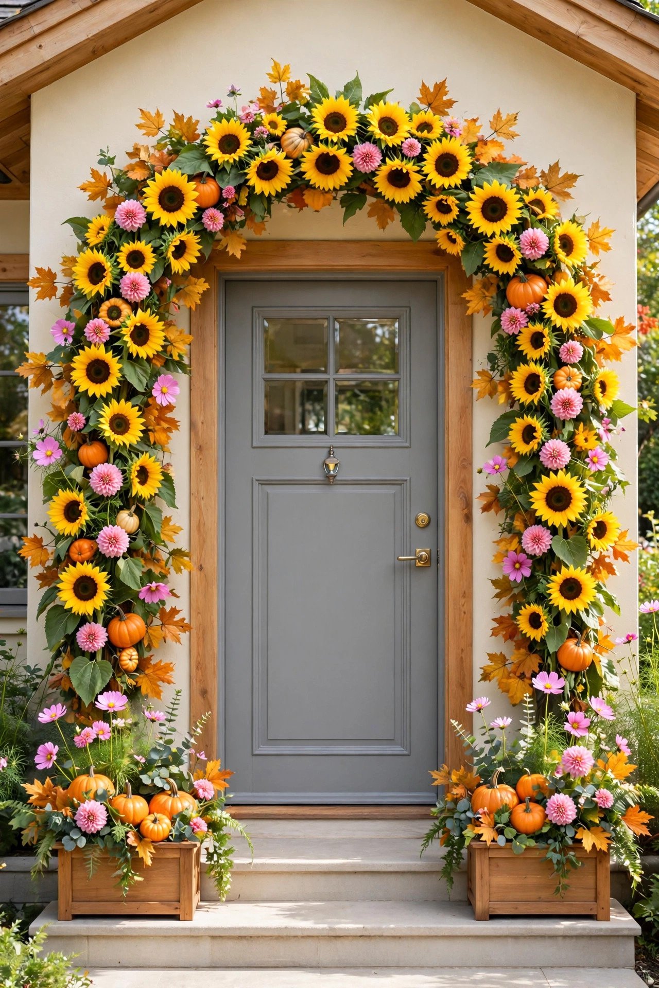 Gray front door framed by a bright sunflower arch with symmetrical pumpkin planters