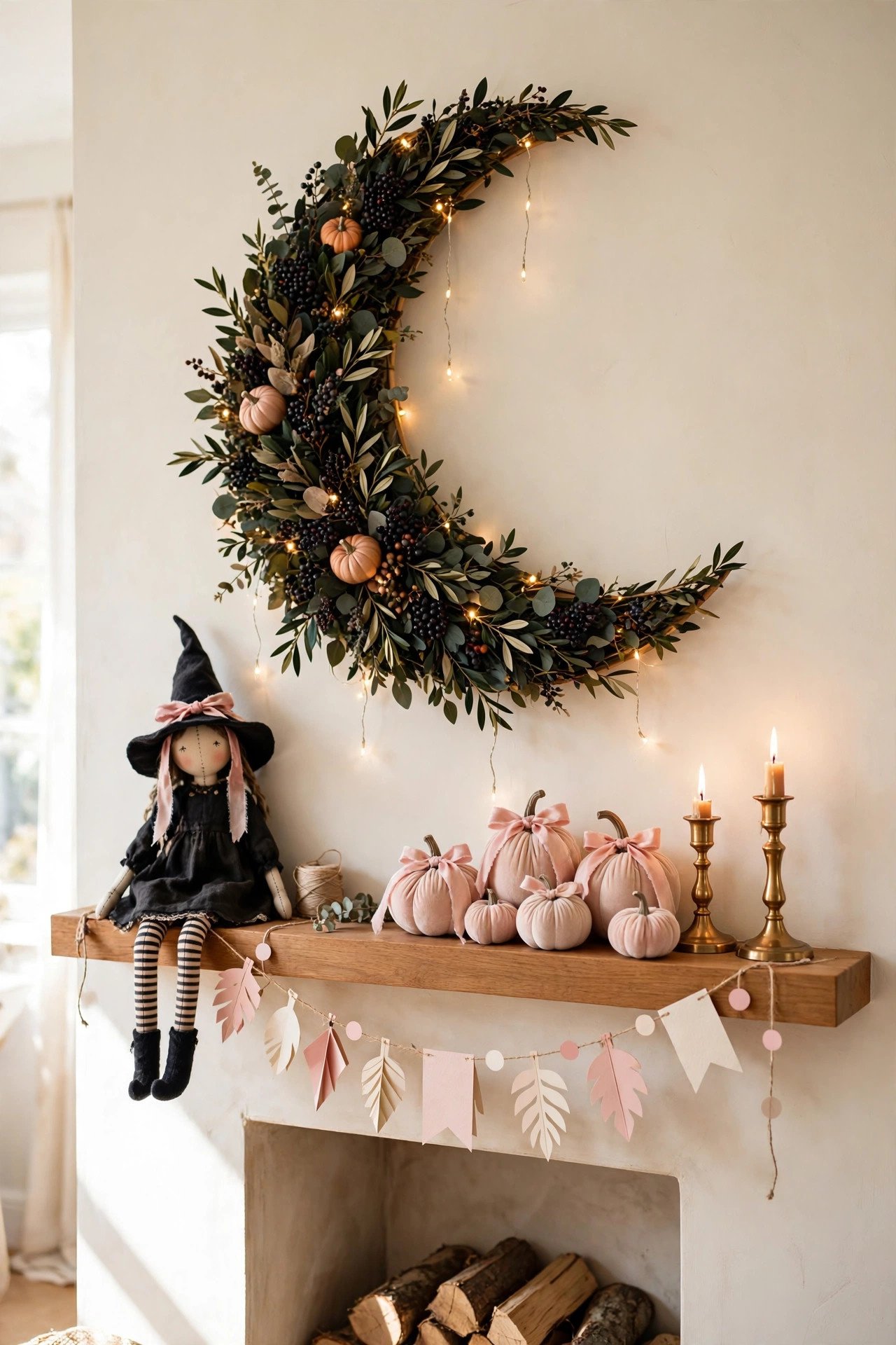 Mantel with velvet pumpkins, brass candlesticks and a large crescent moon above