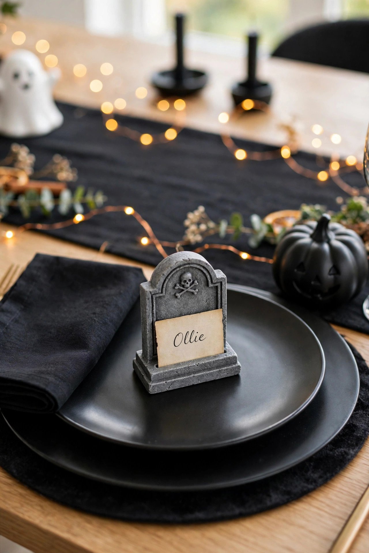Miniature tombstone place card holders with guest names on a Halloween dinner table