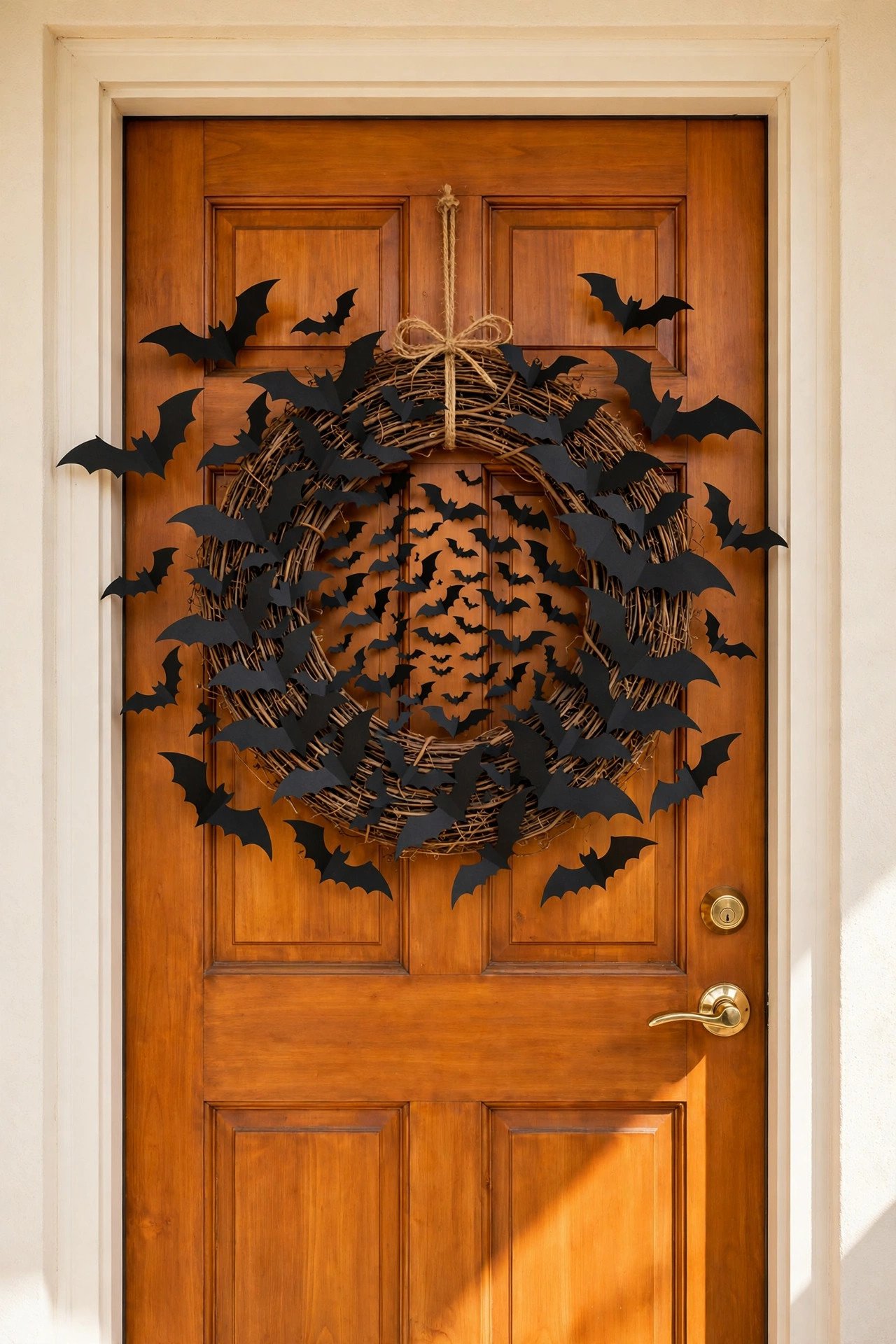 Halloween wreath with layered black paper bats flying outward from a grapevine ring