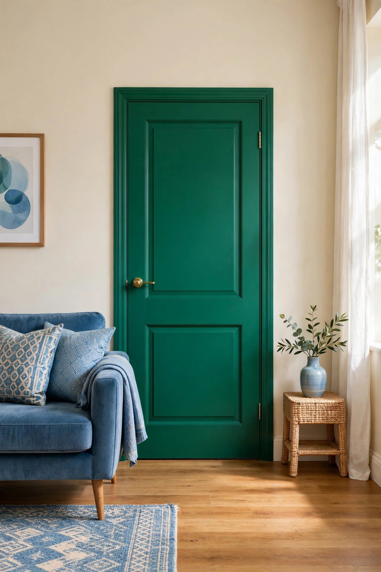 Vibrant emerald green painted interior door as a jewel-toned focal point