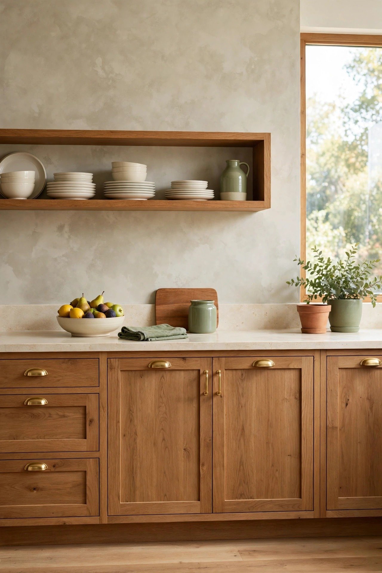 Greige limewash wall with subtle cloudy texture in a modern kitchen with wooden cabinets