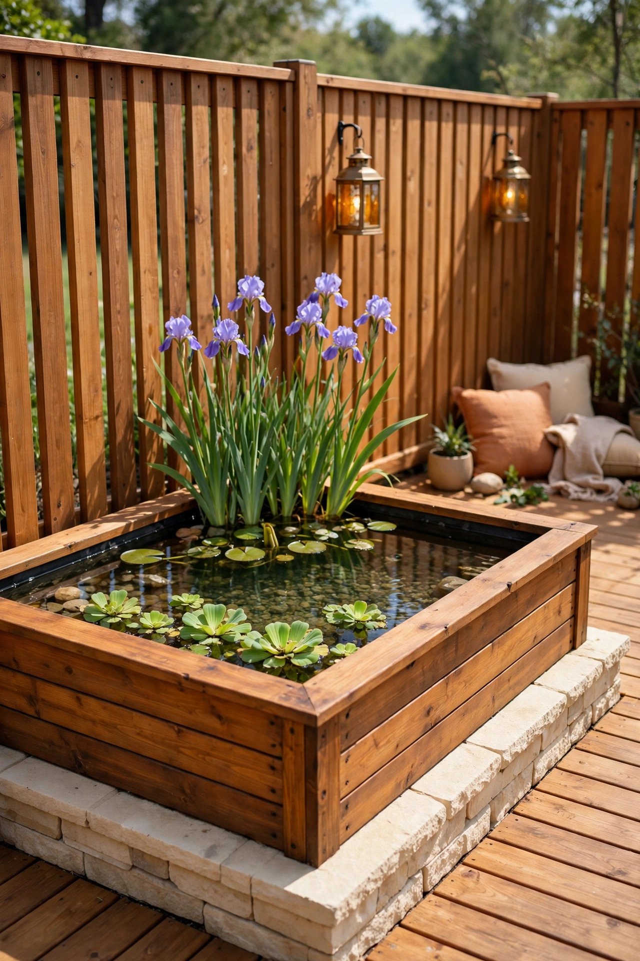Wooden planter box pond with aquatic plants