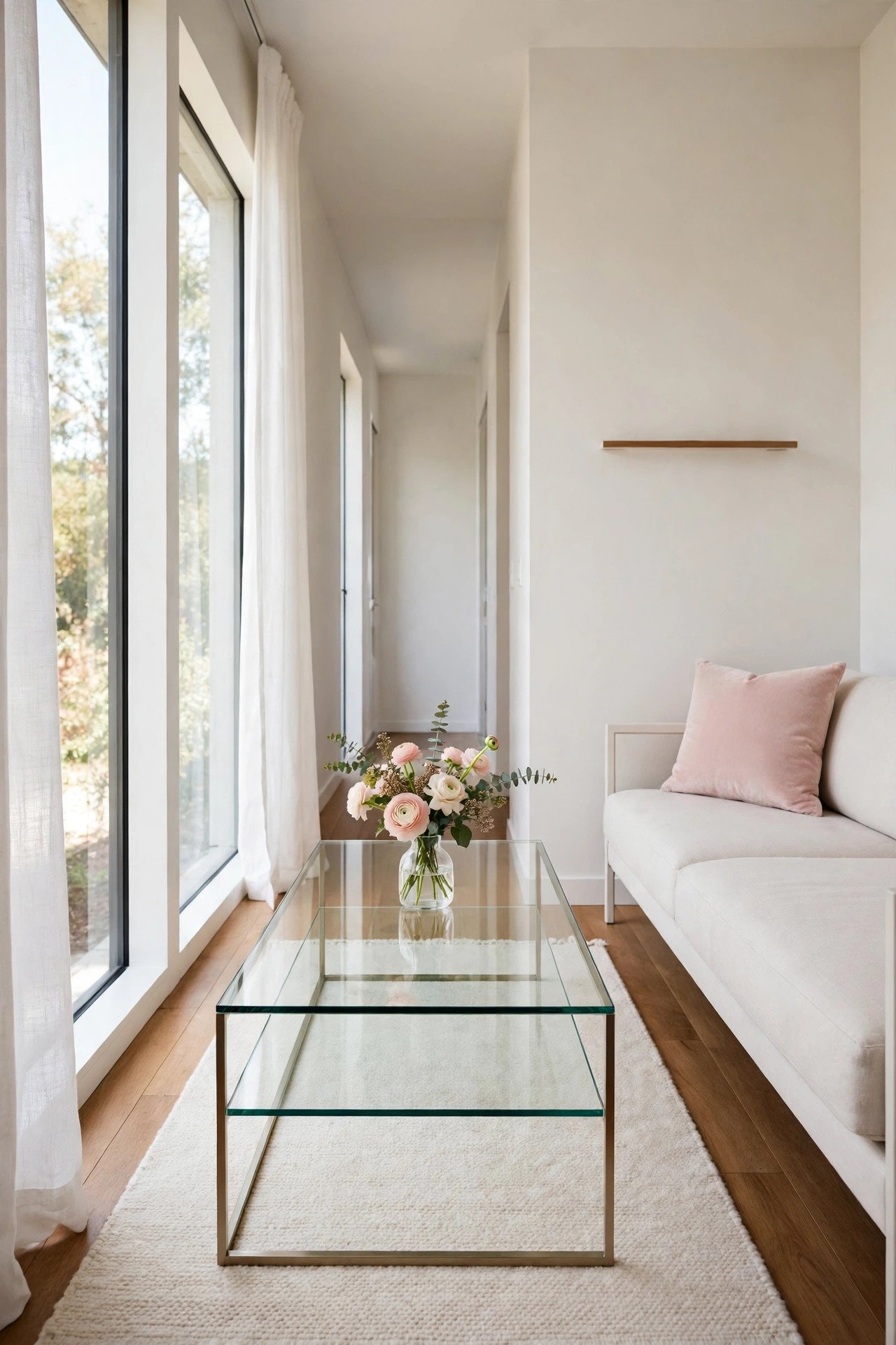 Glass coffee table in a narrow living room letting the eye pass through and keeping the center open