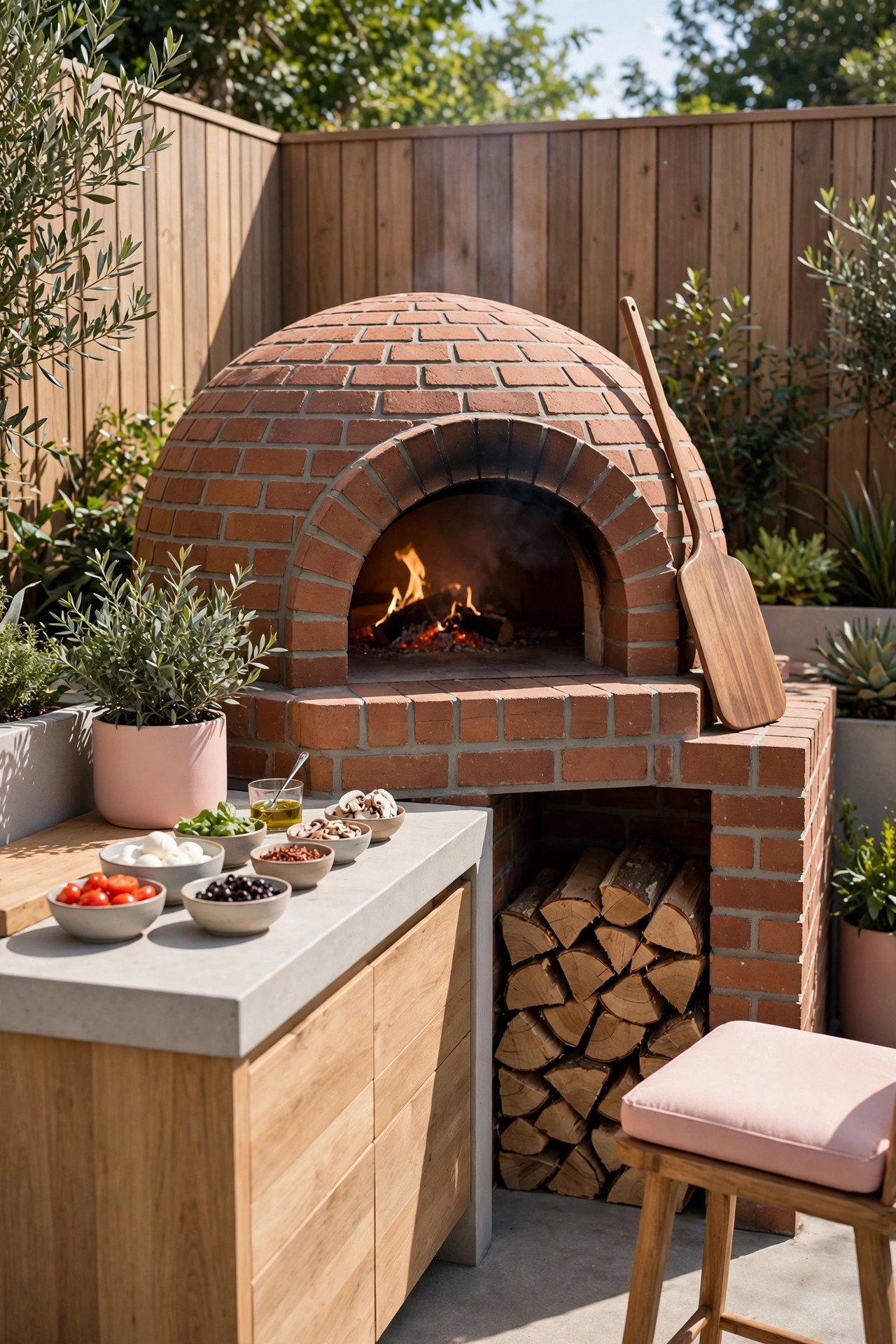 Wood-fired pizza oven in a backyard kitchen corner with a paddle and wood stack