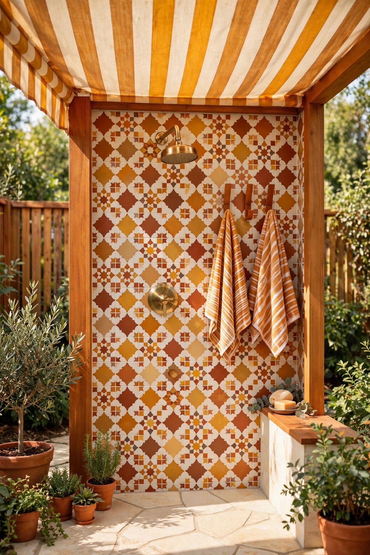 Retro outdoor shower with a striped awning, patterned tile and amber accents
