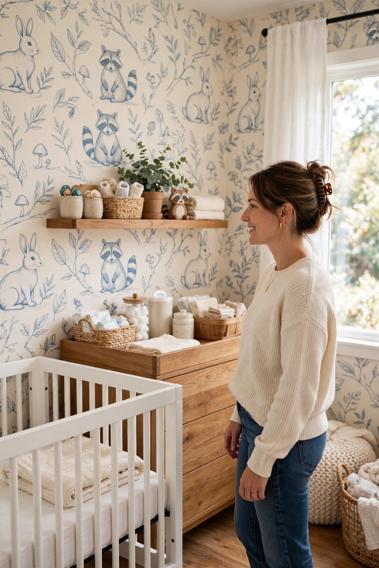 Woodland creature peel and stick wallpaper with rabbits and raccoons in a bright nursery