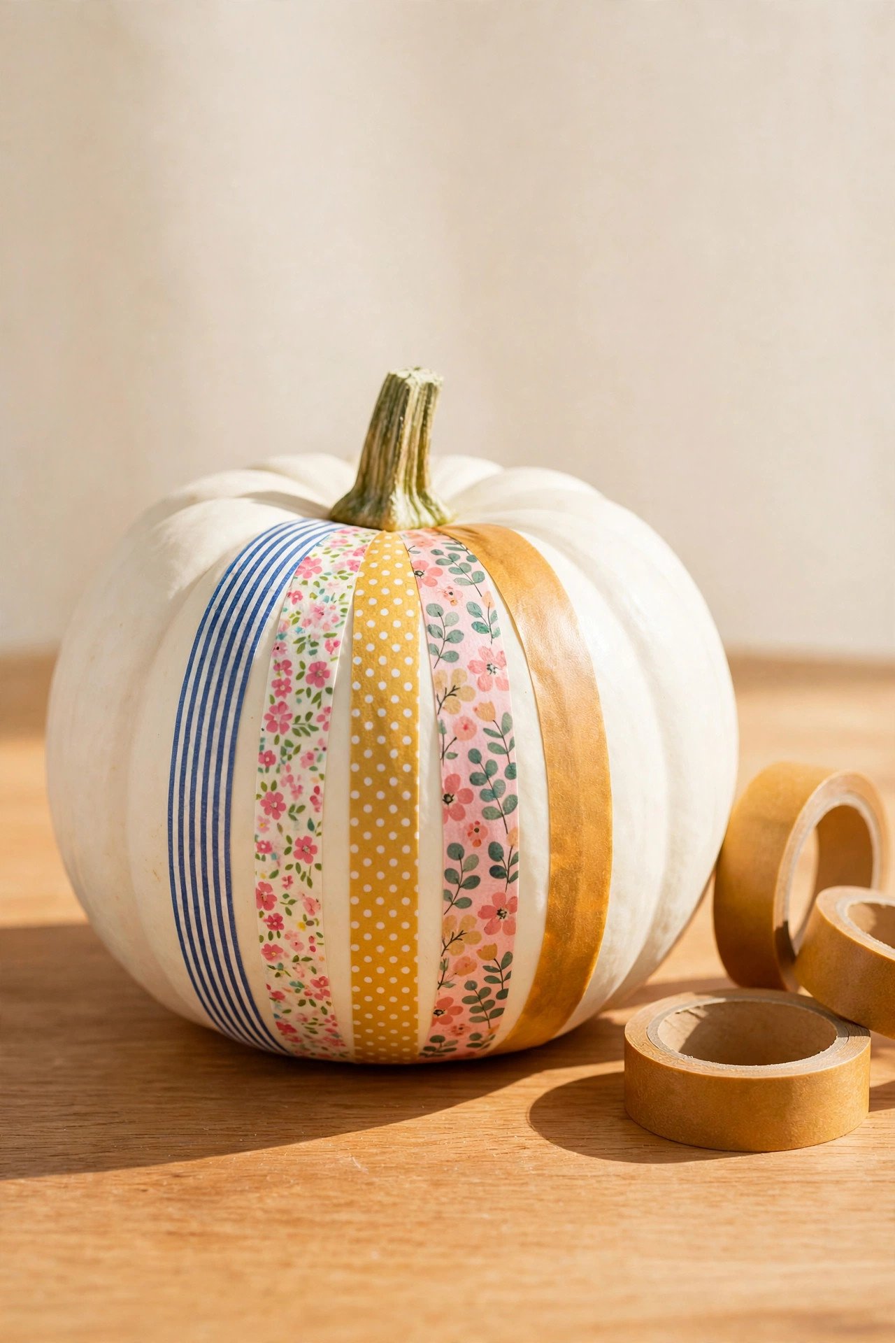 Pumpkin wrapped with vertical strips of colorful patterned washi tape from stem to base