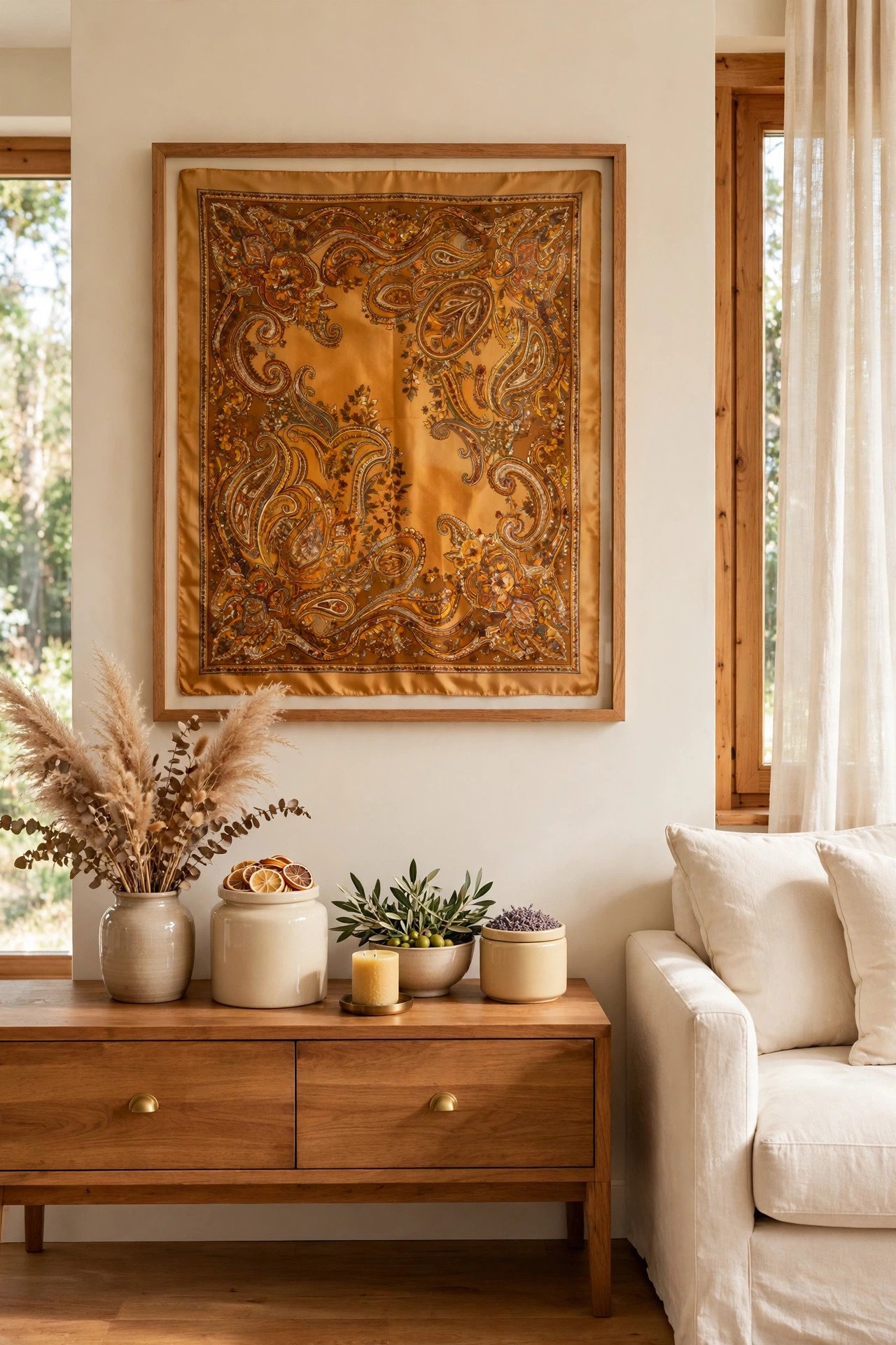 Vintage silk scarf framed as large scale art on a living room wall in amber tones
