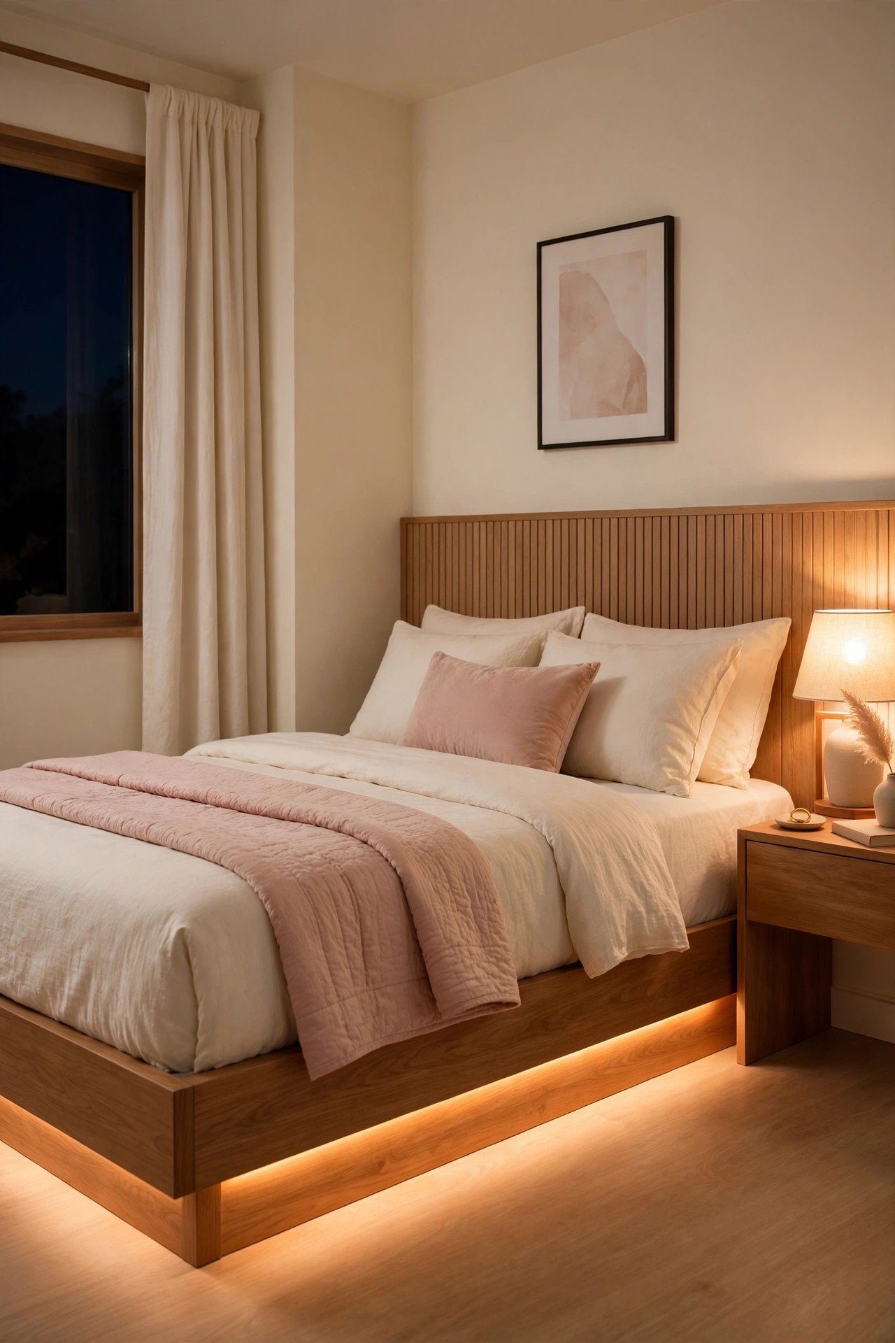 Warm LED strip lighting glowing under a queen bed frame in a small bedroom at night