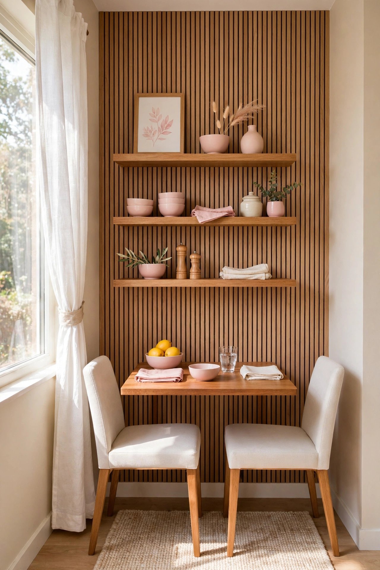 Floating shelves layout idea using vertical wall storage in a small dining room