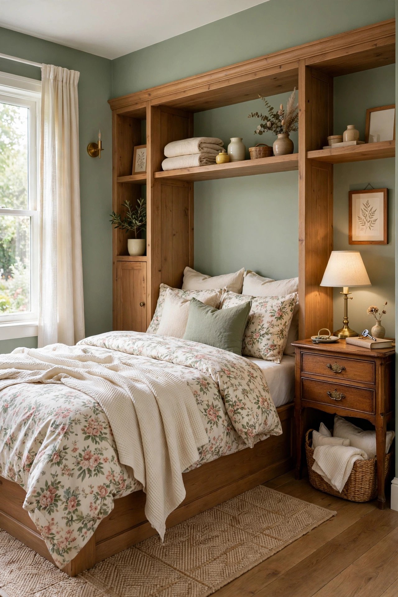 Cottage-style small guest room layout with sage green walls, a built-in bed, vintage nightstand, and floral bedding
