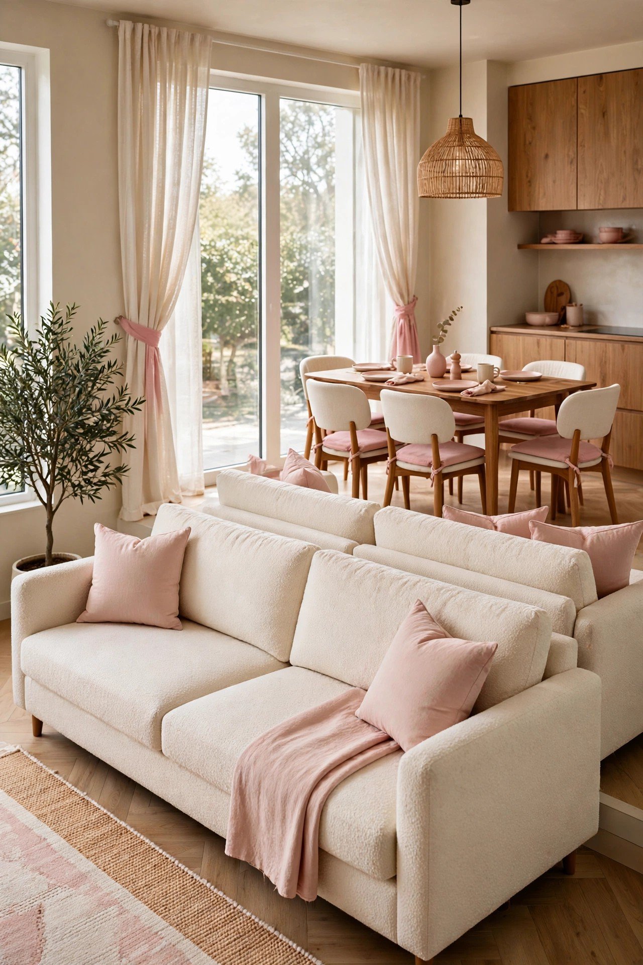 Small living room layout ideas with two sofas placed back to back to divide an open plan living and dining area