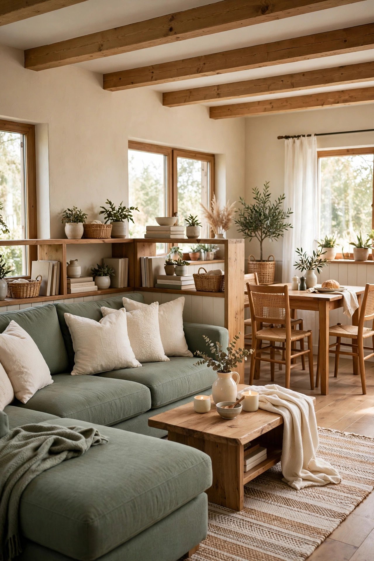 Sage green farmhouse small open plan living room with natural wood tones and a cozy sectional layout