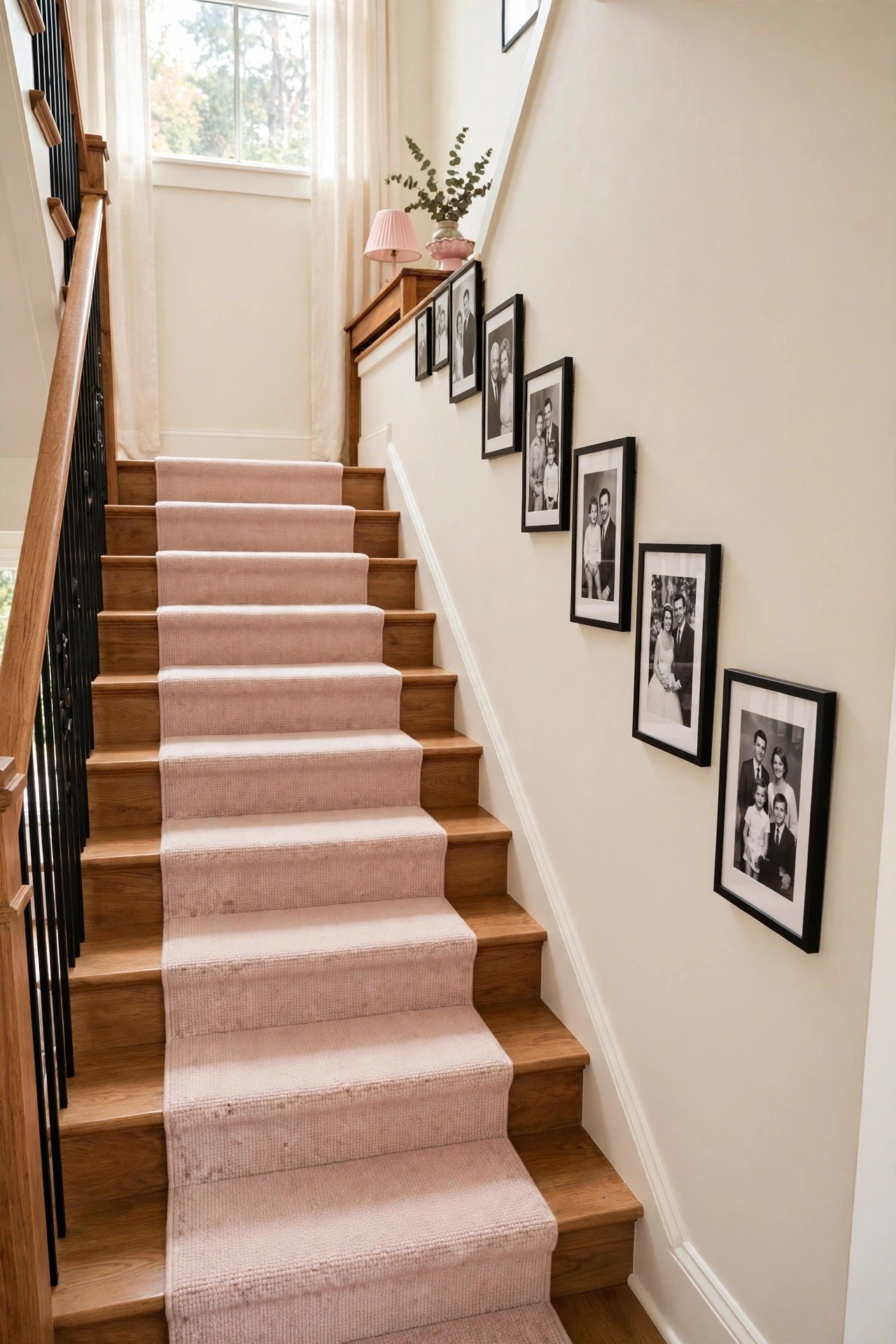 Black and white family portraits in matching frames along a staircase