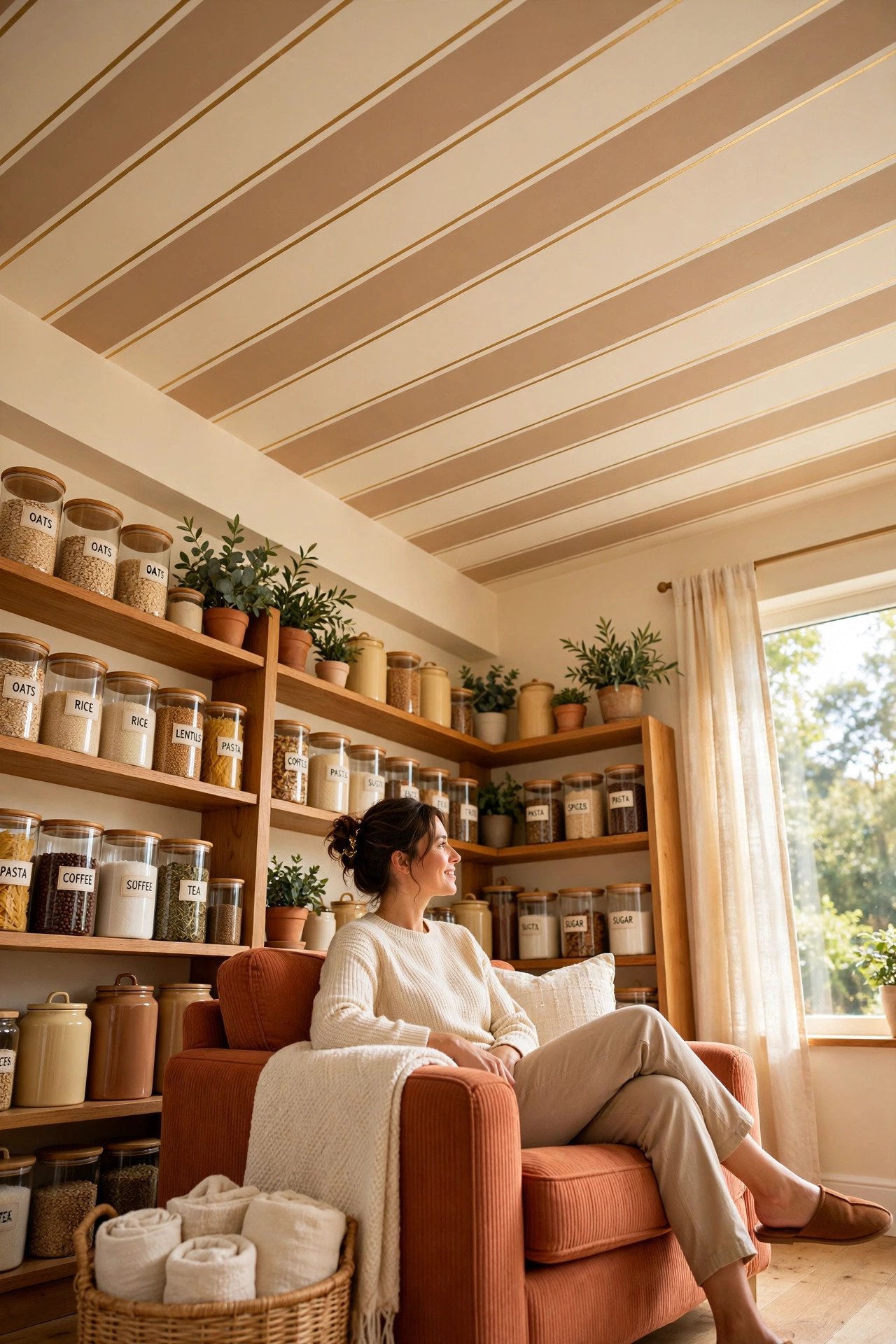 Painted stripes mimicking wallpaper on a ceiling with thin gold accent lines in terracotta tones