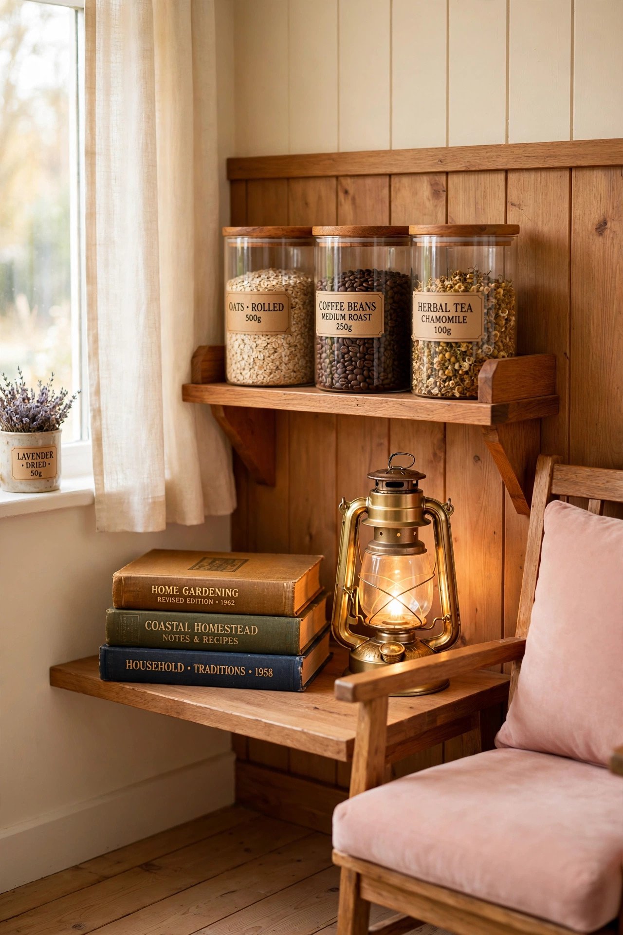 Cozy vintage corner with thrifted books, a brass lantern and a wooden shelf in blush pink tones