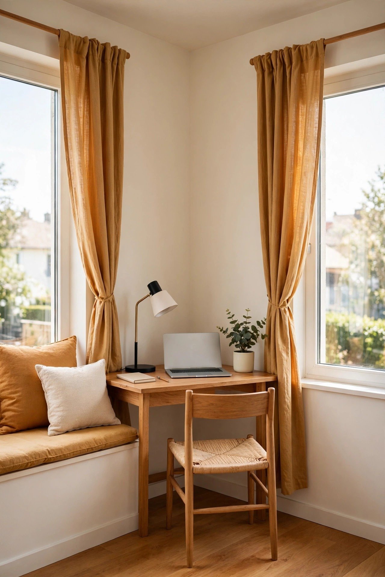 Tiny studio apartment layout idea with a dedicated work corner with a desk near the window in amber tones