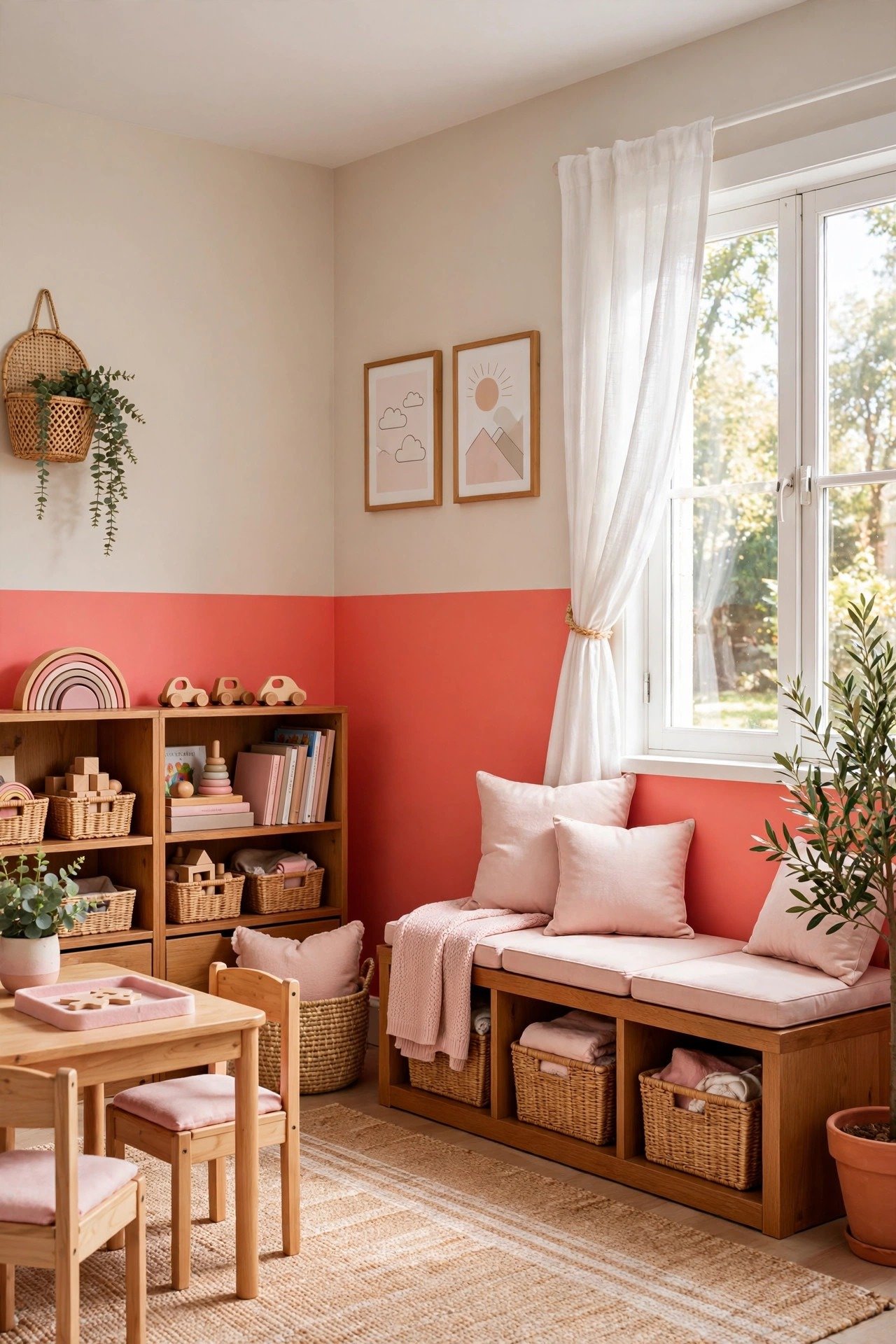 Coral and beige two tone wall paint ideas with bright coral accent color and neutral beige on playroom walls